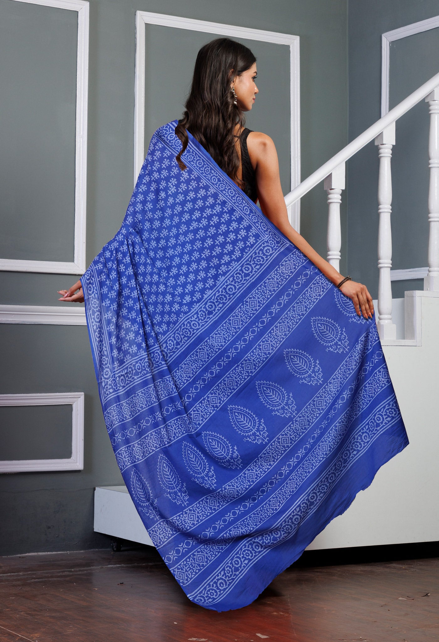 Navy Blue Pure Hand Block Printed Soft Cotton Saree-UNM79616