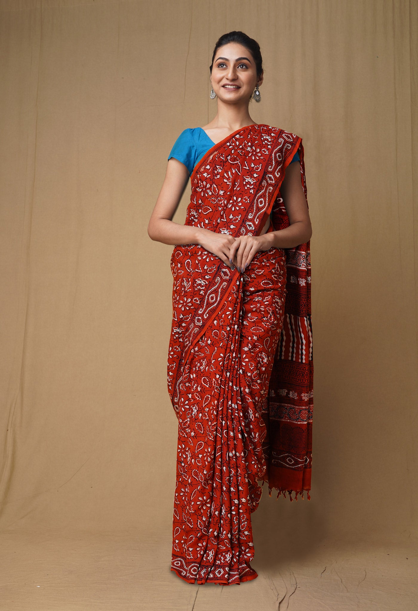 Red Pure Ajrakh Printed Soft Silk Saree-UNM79623