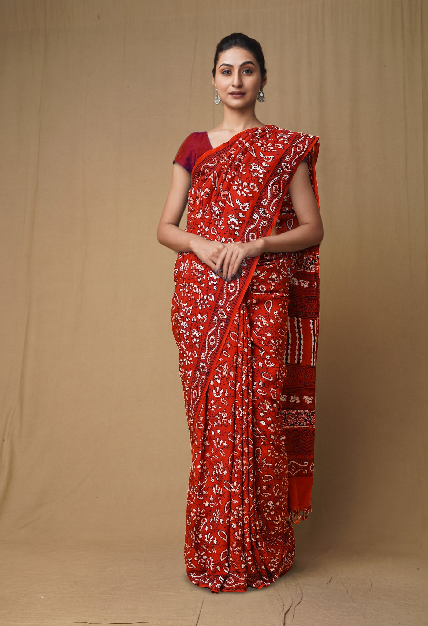 Red Pure Ajrakh Printed Soft Silk Saree-UNM79629