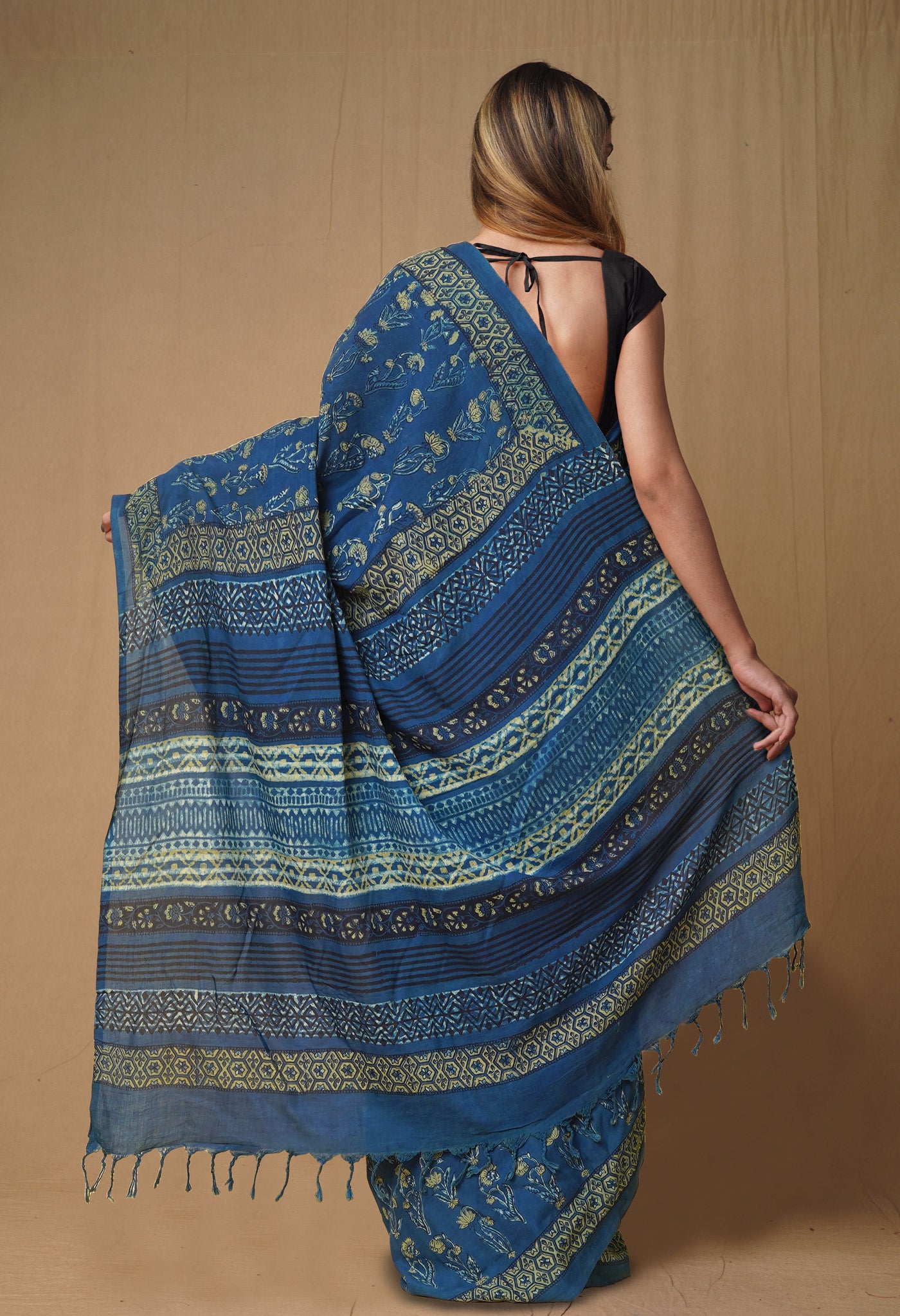 Blue Pure Ajrakh Printed Soft Silk Saree-UNM79635