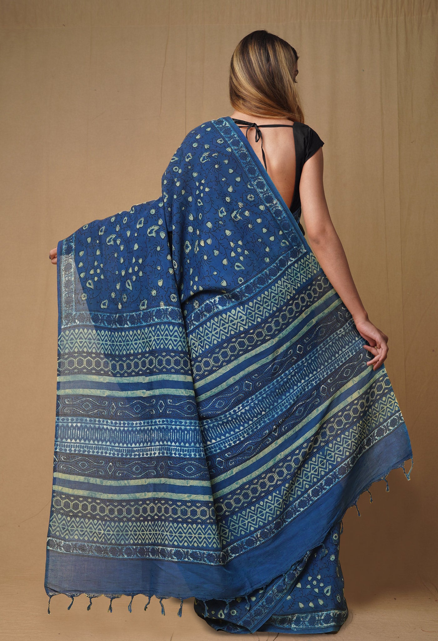 Blue Pure Ajrakh Printed Soft Silk Saree-UNM79636