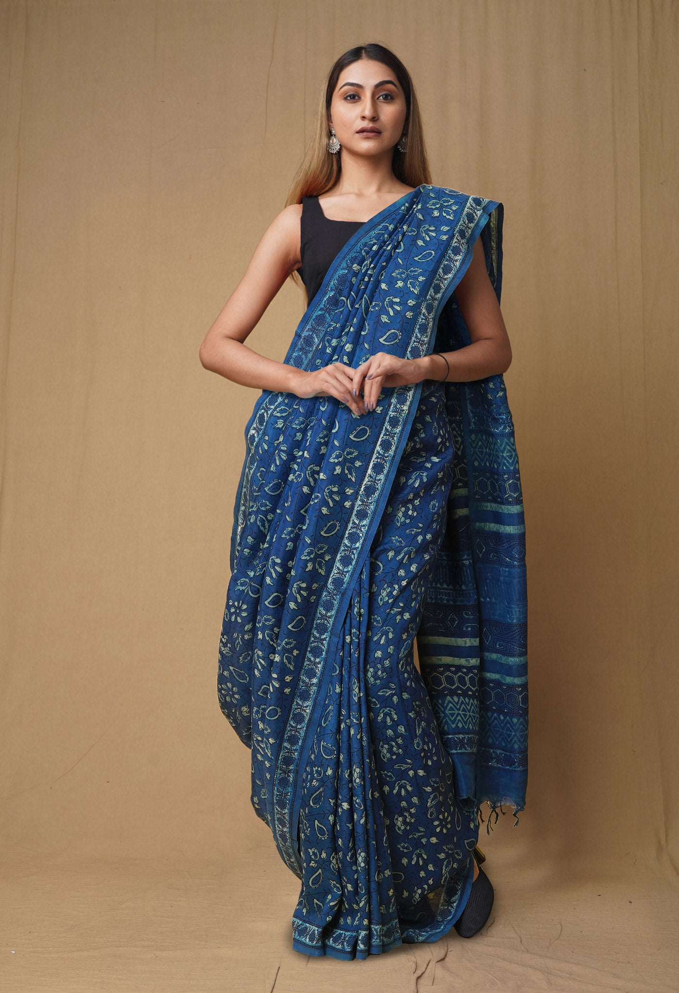 Blue Pure Ajrakh Printed Soft Silk Saree-UNM79637