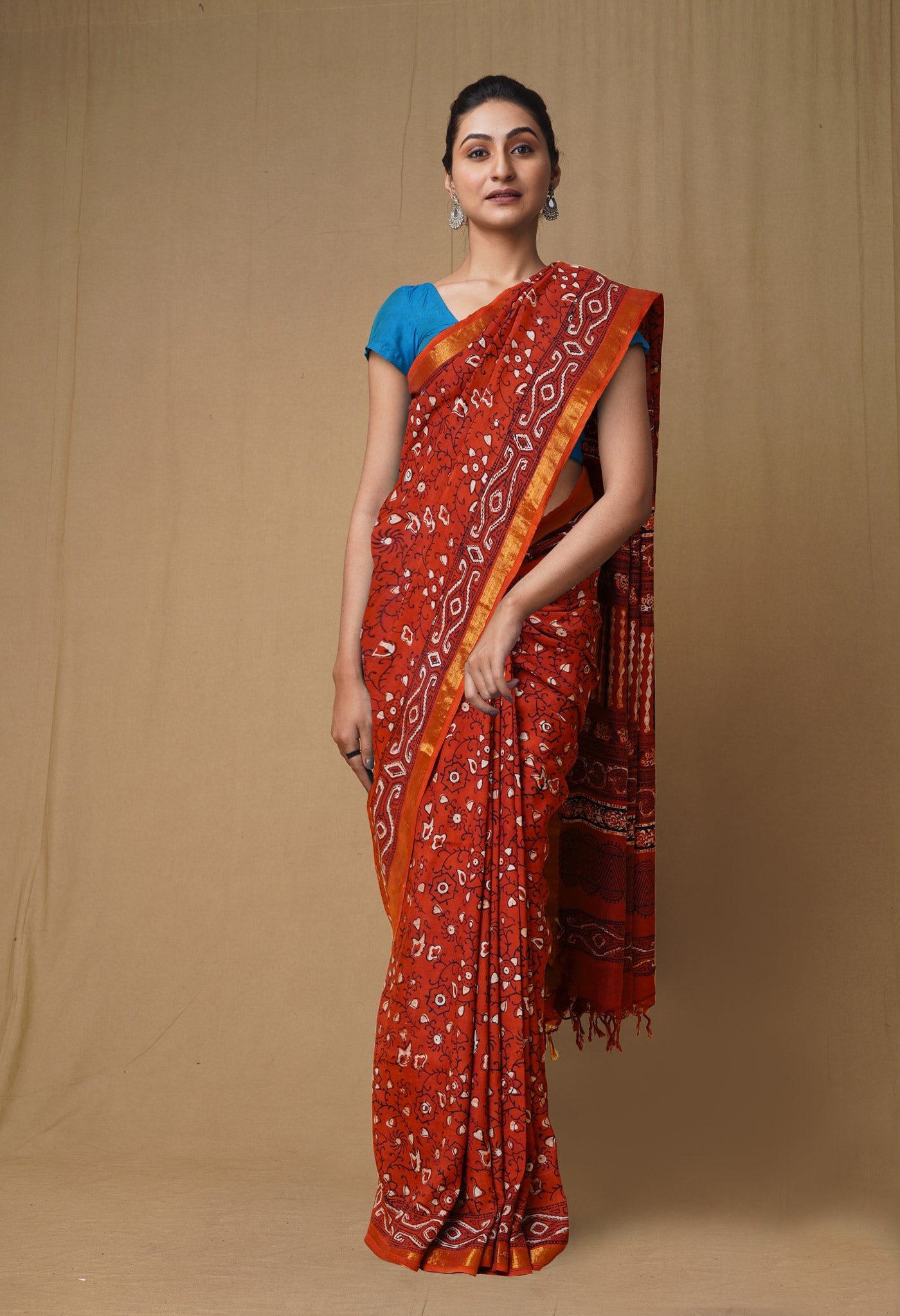 Red Pure Ajrakh Printed Soft Silk Saree-UNM79677