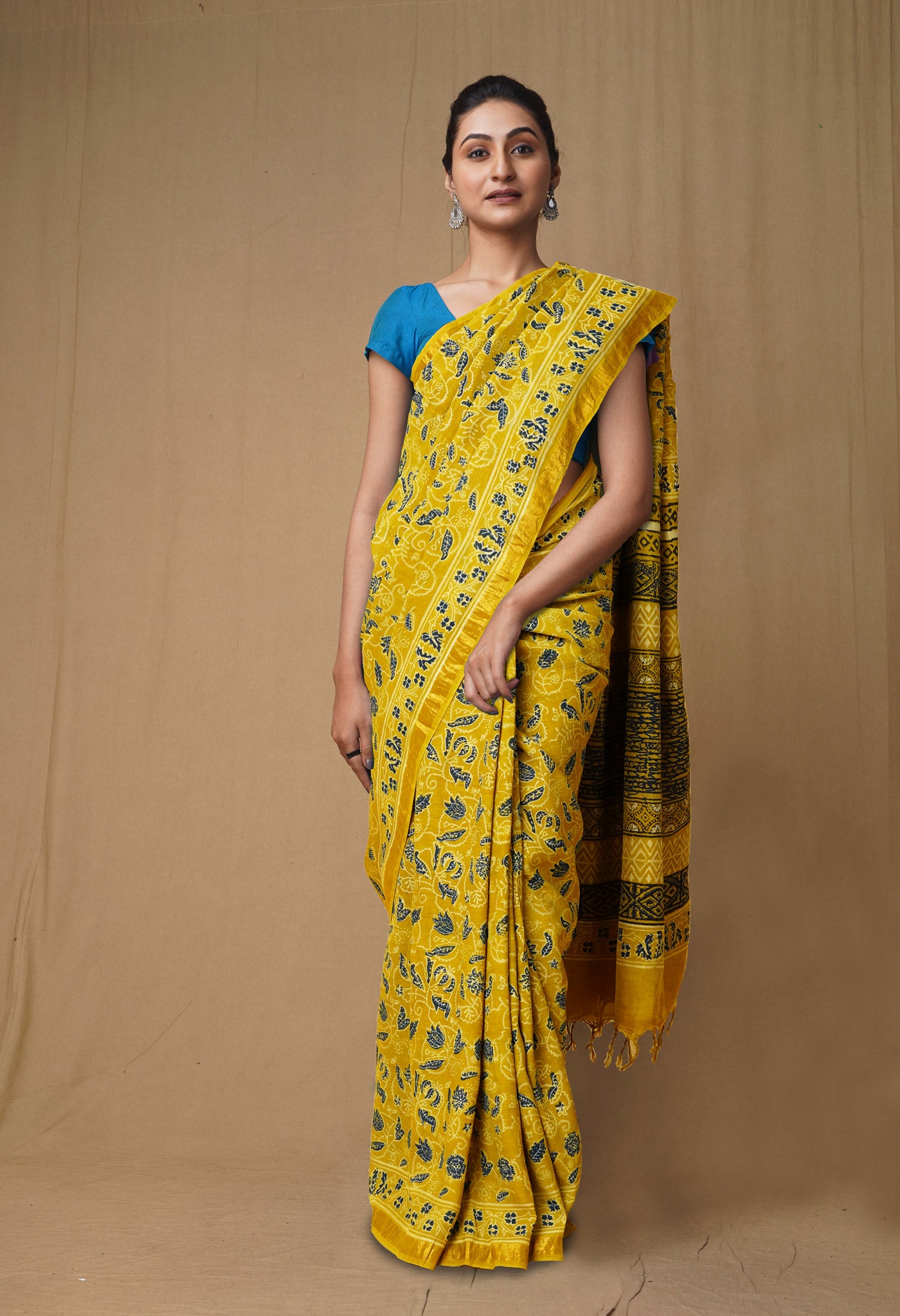 Yellow Pure Ajrakh Printed Soft Silk Saree-UNM79678