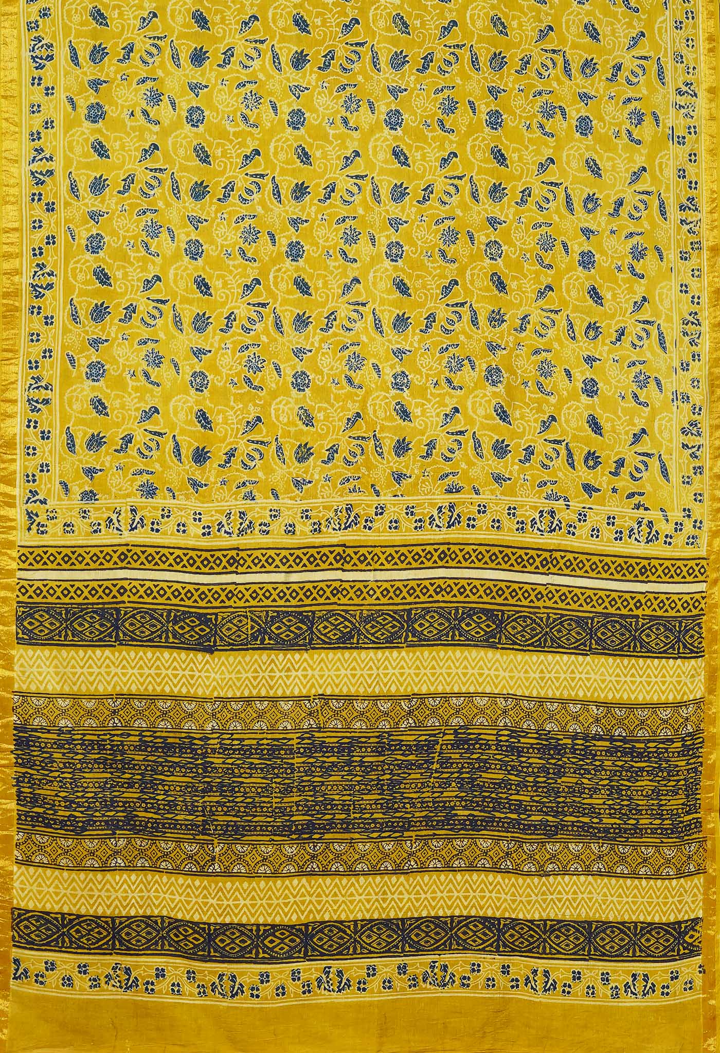 Yellow Pure Ajrakh Printed Soft Silk Saree-UNM79678