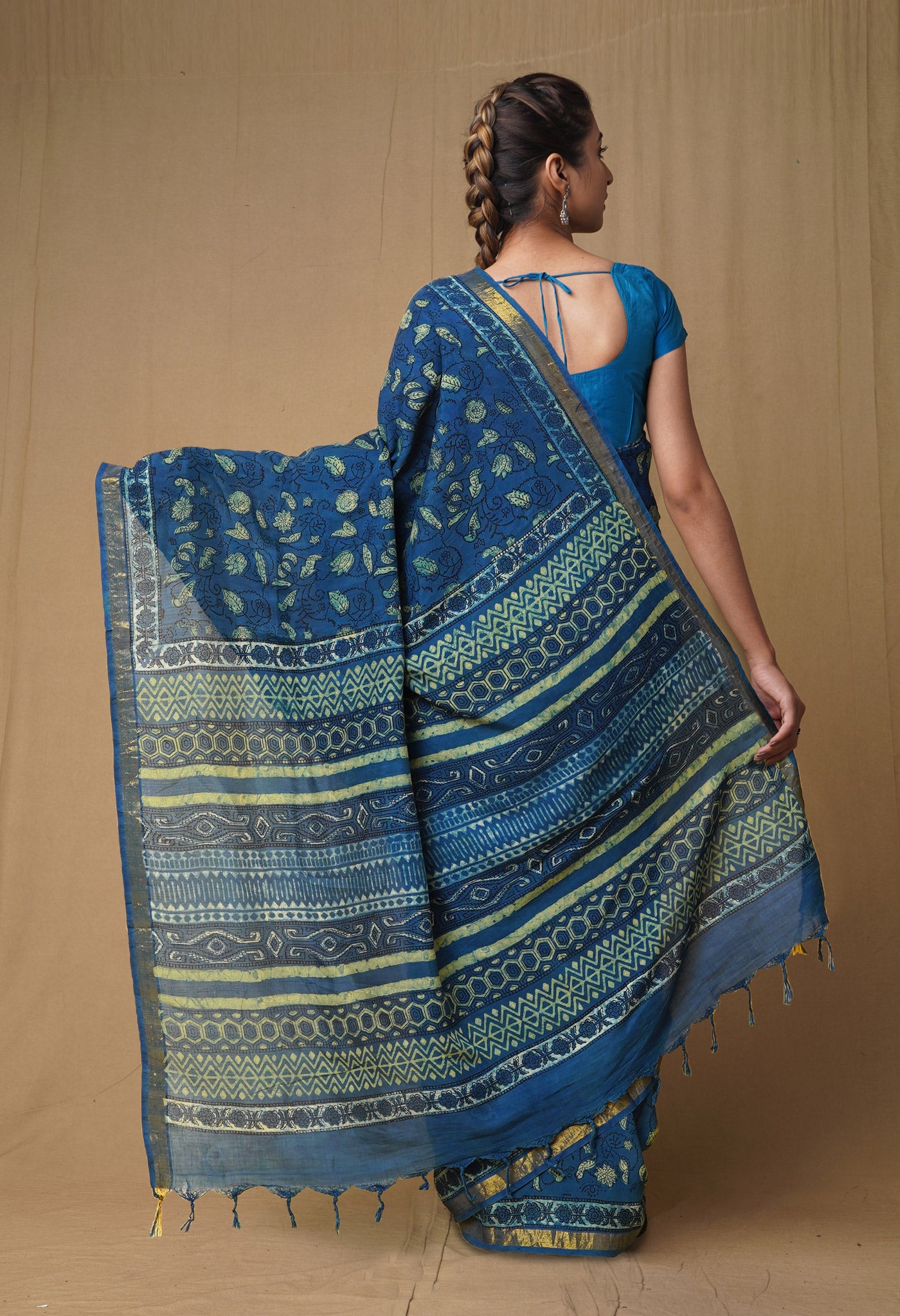 Blue Pure Ajrakh Printed Soft Silk Saree-UNM79682