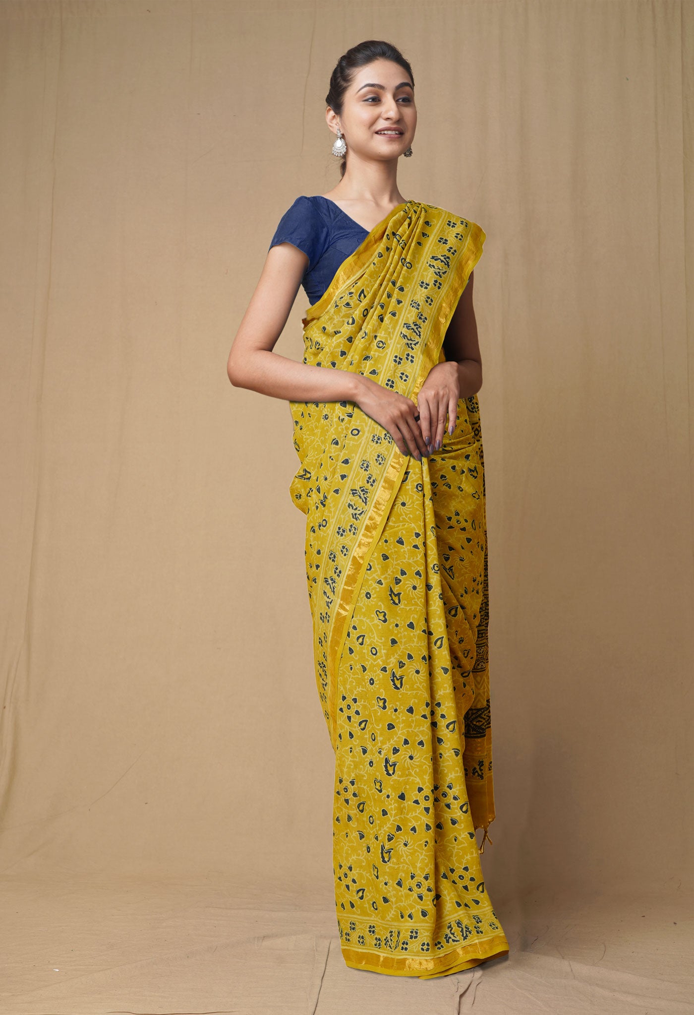 Yellow Pure Ajrakh Printed Soft Silk Saree-UNM79685