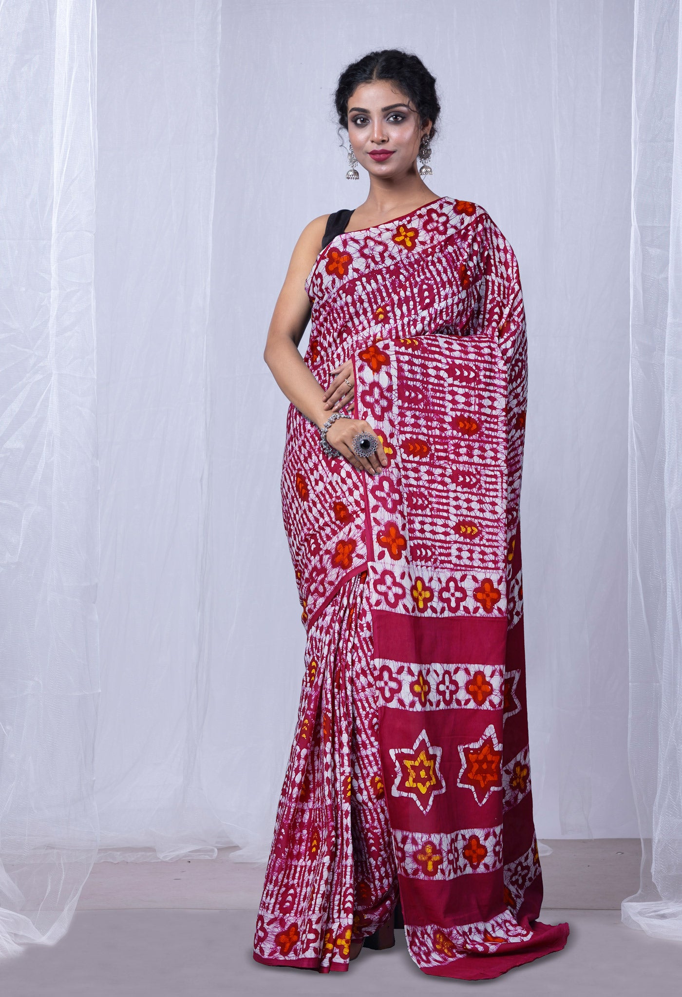 Maroon Pure Wax Batik Printed Superfine Mulmul Cotton Saree-UNM79688