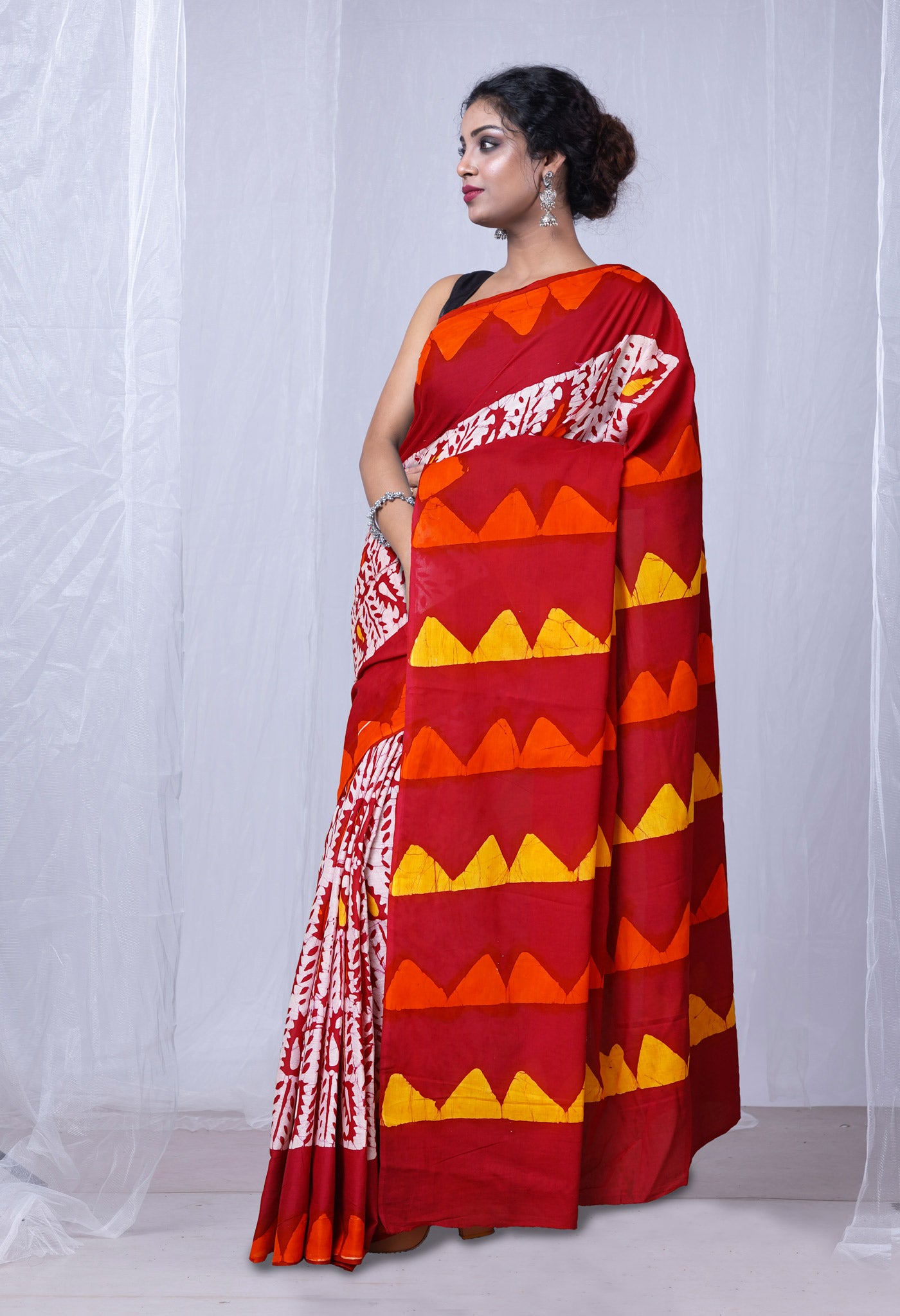 Maroon Pure Wax Batik Printed Superfine Mulmul Cotton Saree-UNM79696