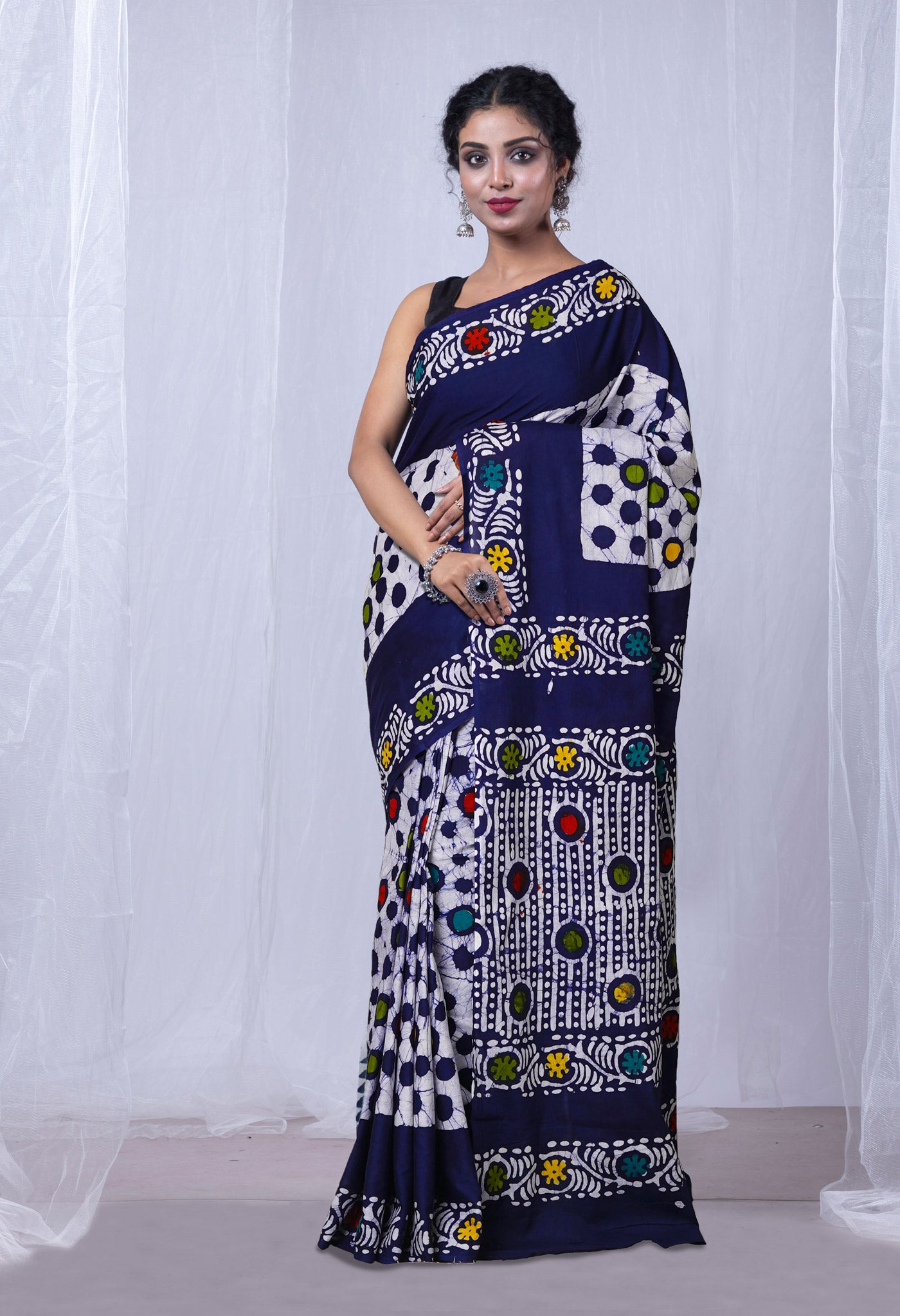 Navy Blue Pure Wax Batik Printed Superfine Mulmul Cotton Saree-UNM79698