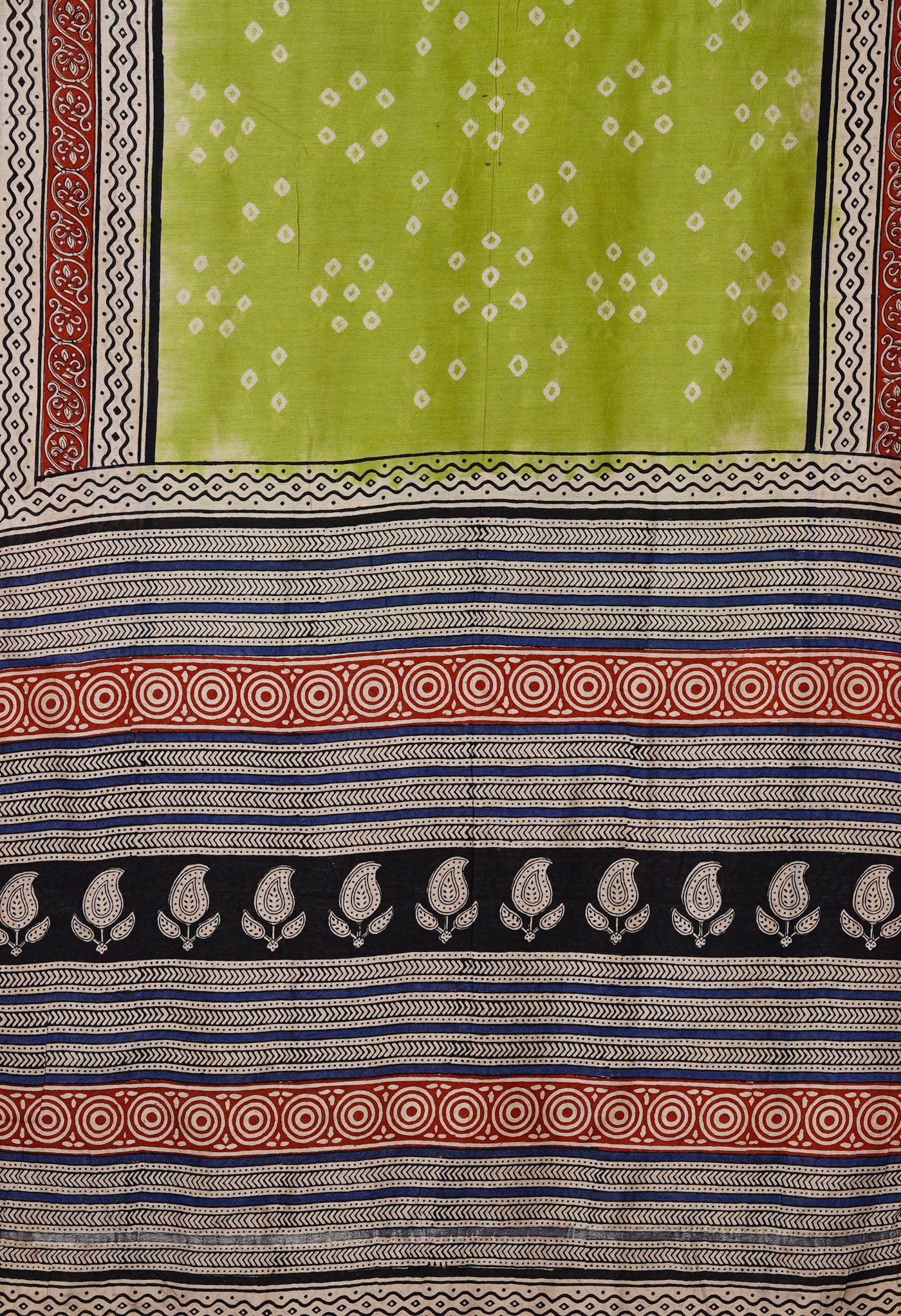 Green Pure Bandhani Bagru Block Printed Chanderi Sico Saree-UNM79714