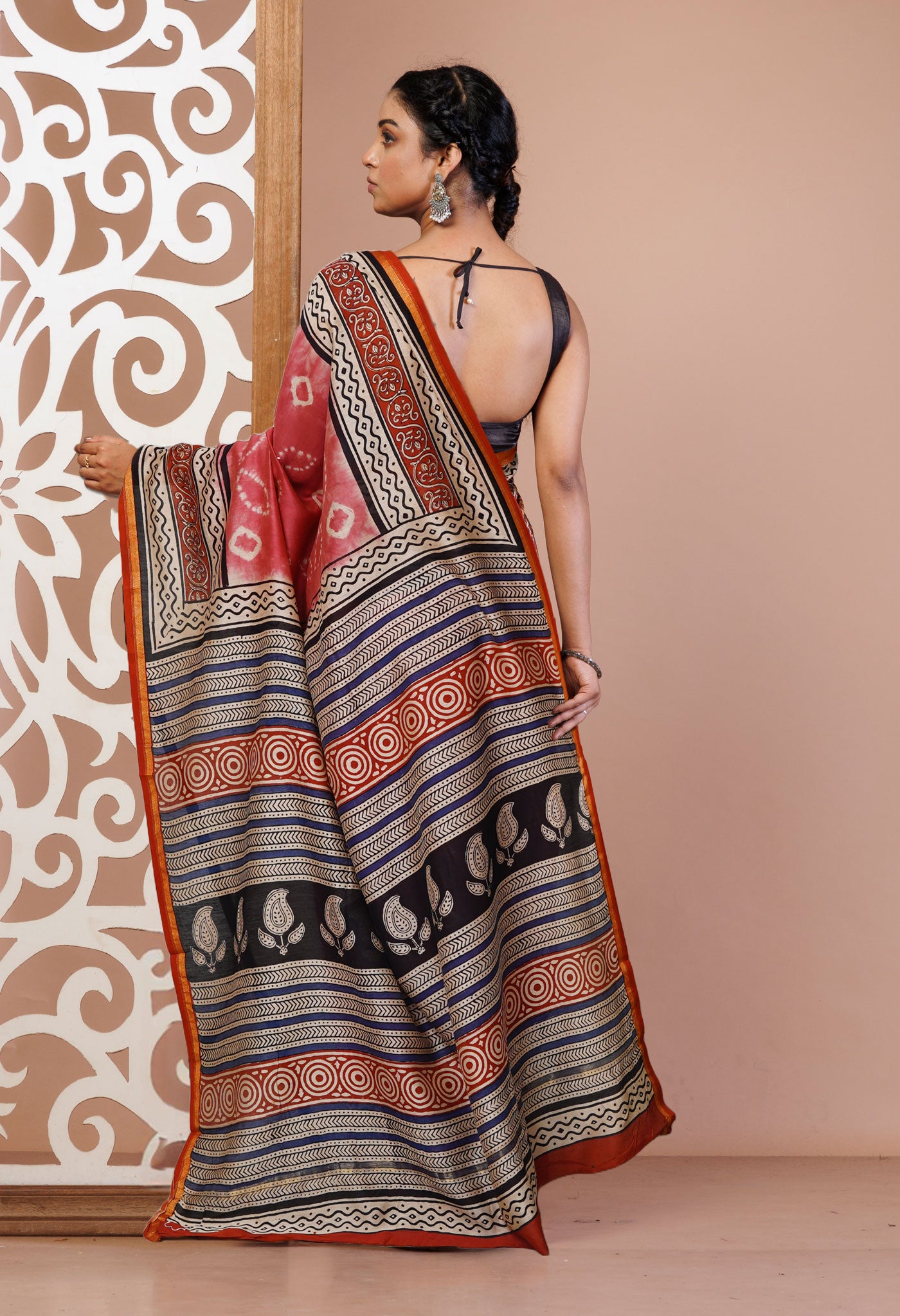 Pink Pure Shibori Bagru Block Printed Chanderi Sico Saree-UNM79724