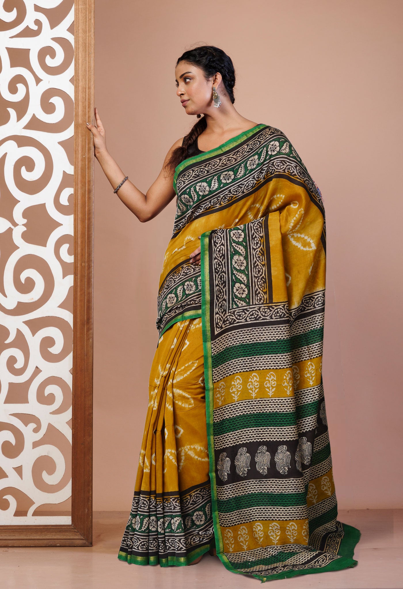 Yellow Pure Shibori Bagru Block Printed Chanderi Sico Saree-UNM79732