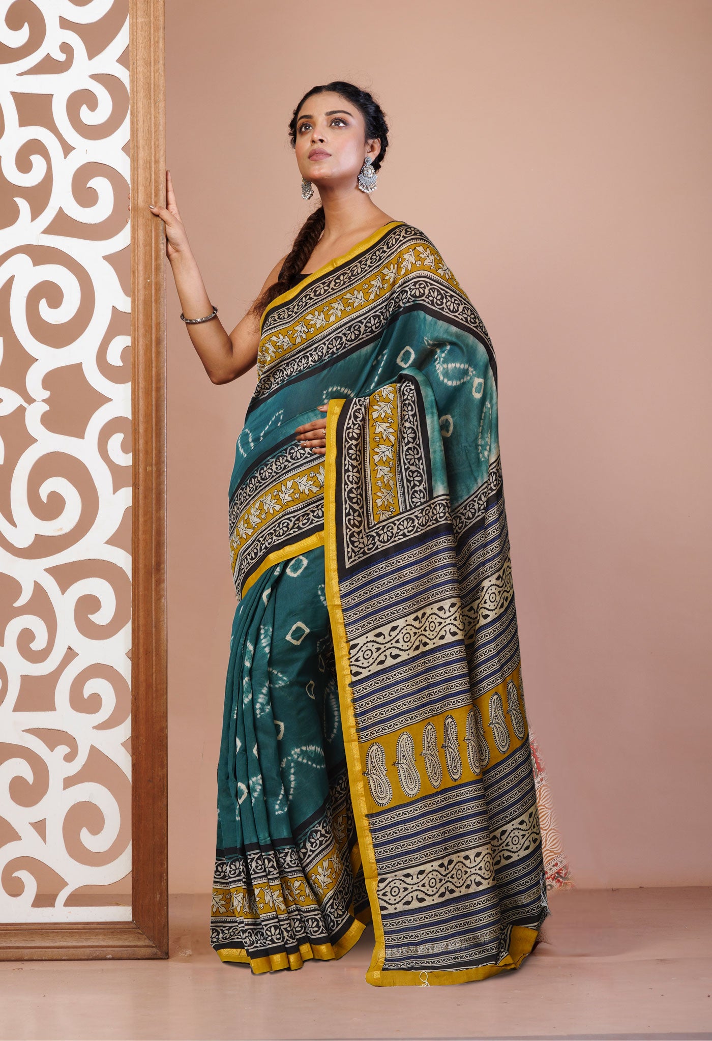 Green Pure Shibori Bagru Block Printed Chanderi Sico Saree-UNM79734