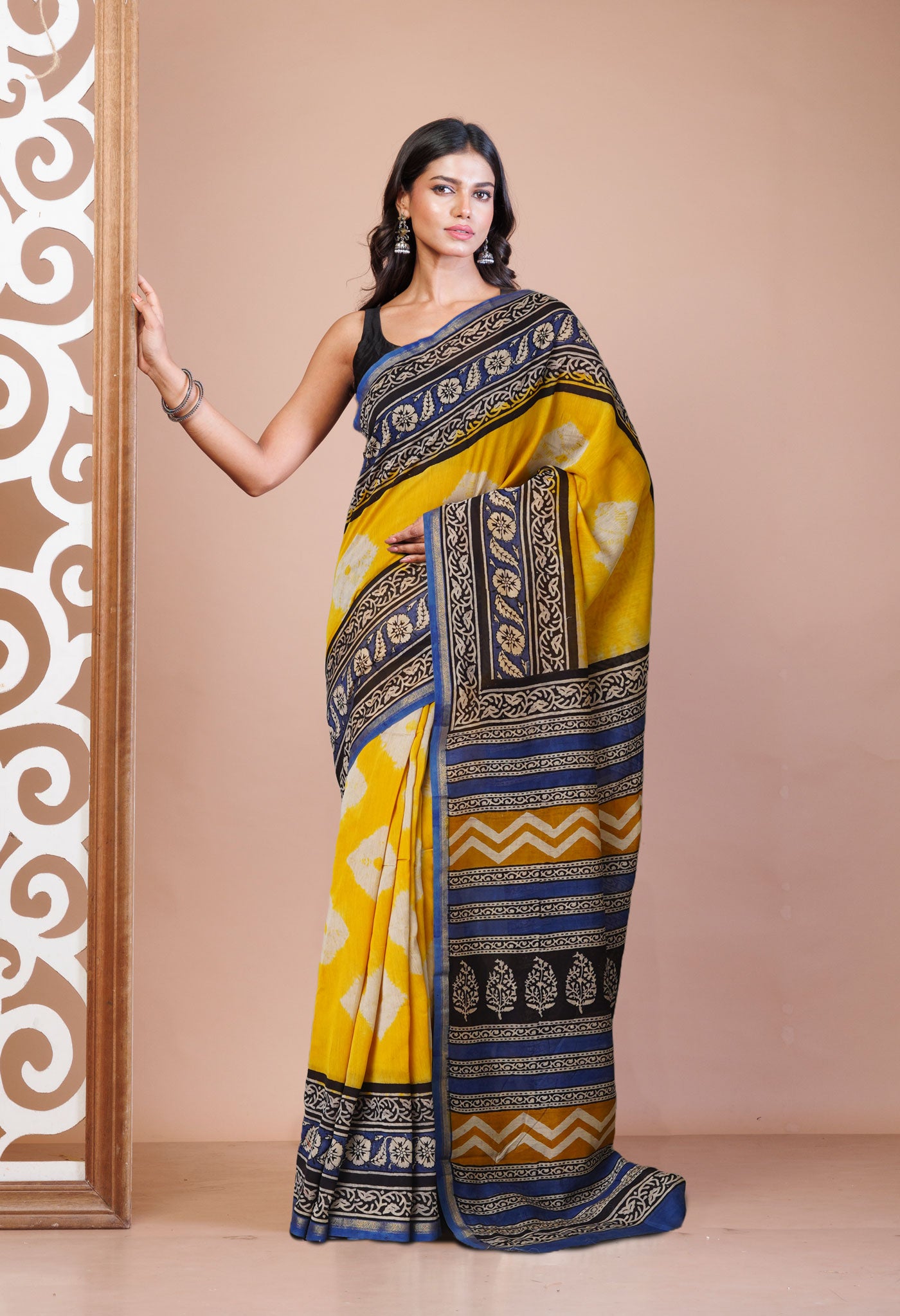 Yellow Pure Shibori Bagru Block Printed Chanderi Sico Saree-UNM79741