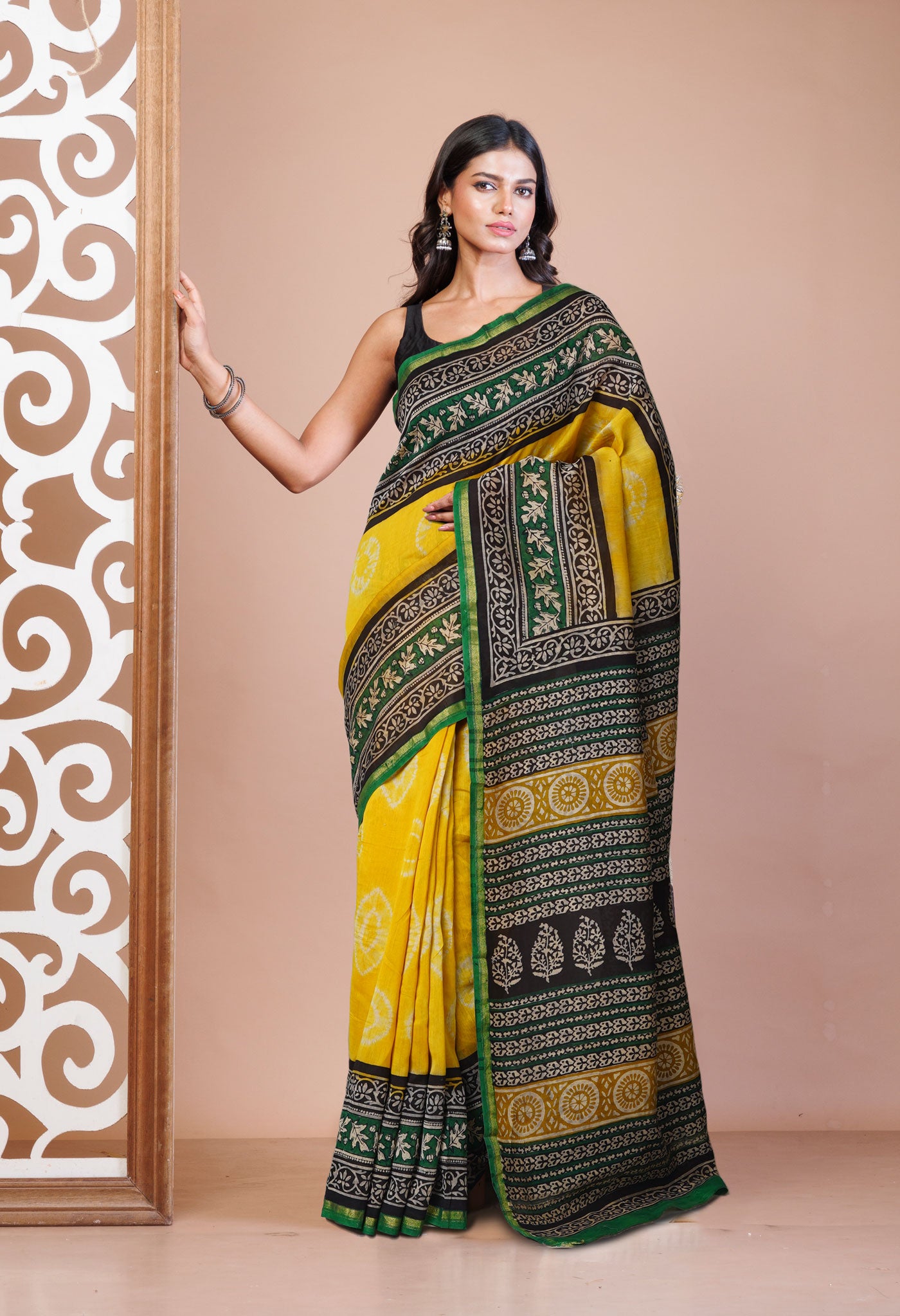 Yellow Pure Shibori Bagru Block Printed Chanderi Sico Saree-UNM79767