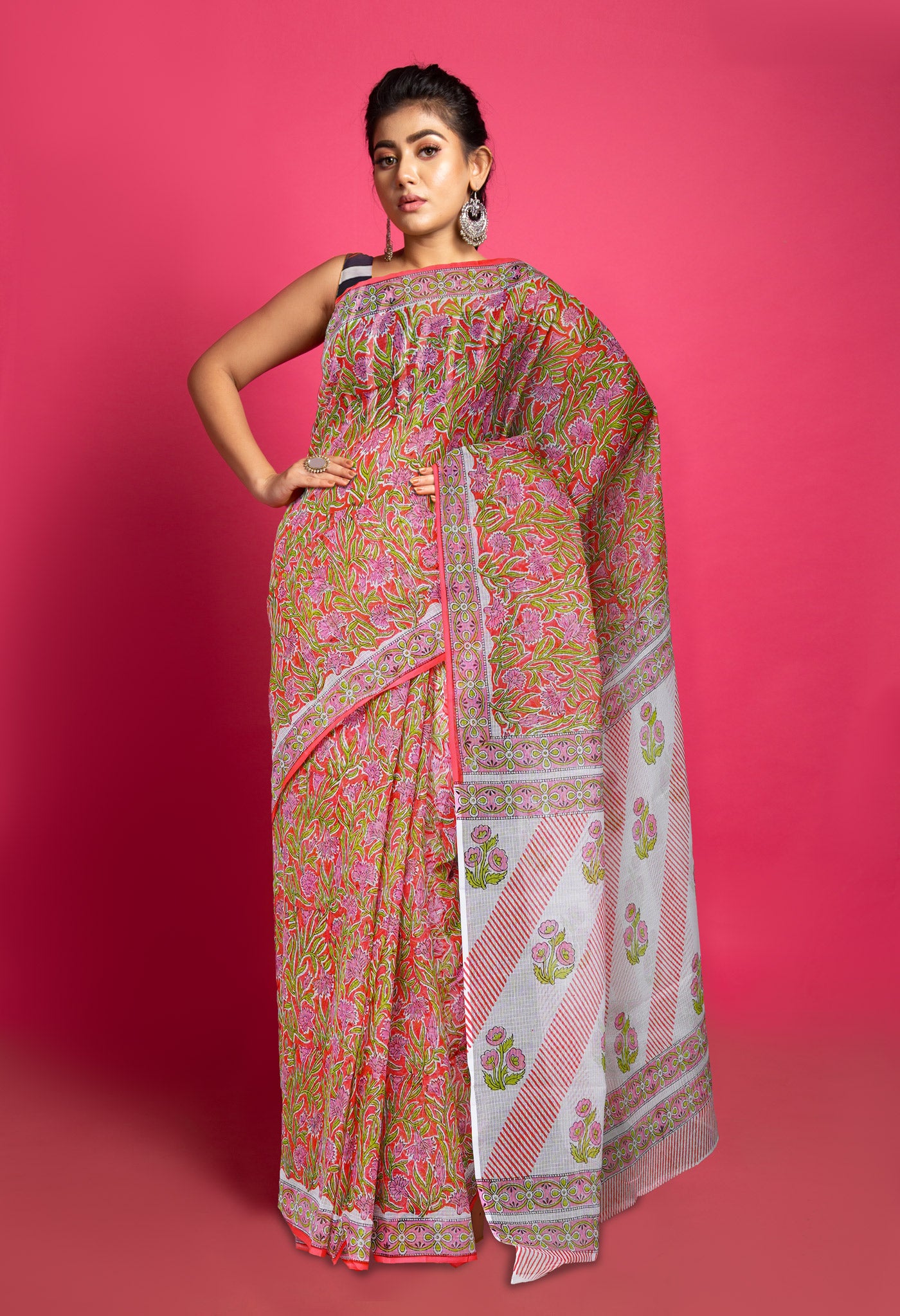 Peach Red Pure Block Printed Kota Saree-UNM79949