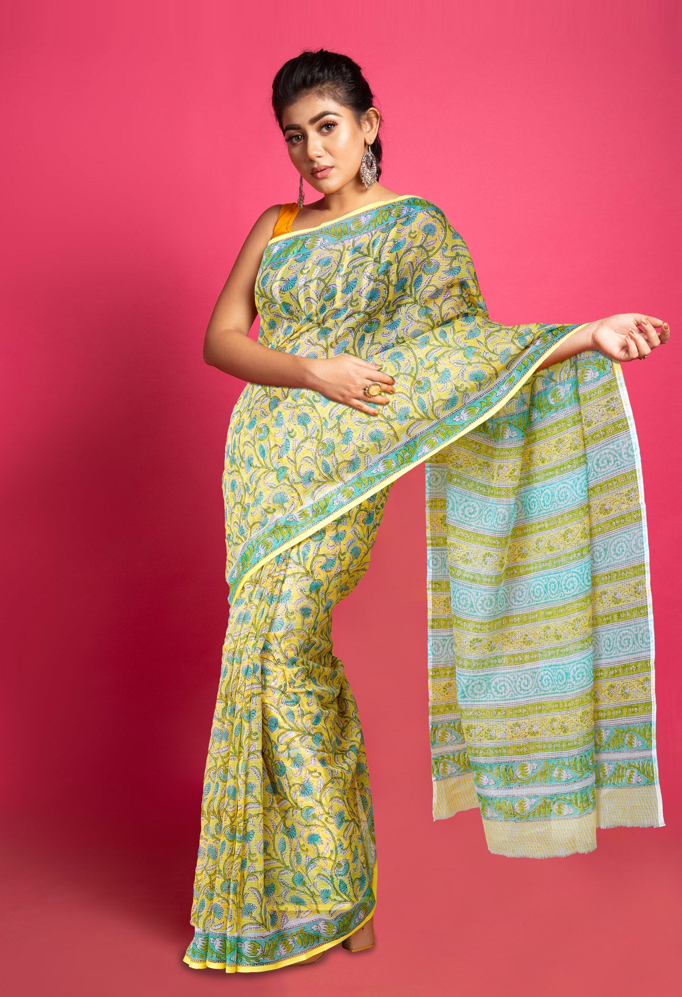 Yellow Pure Block Printed Kota Saree-UNM79954