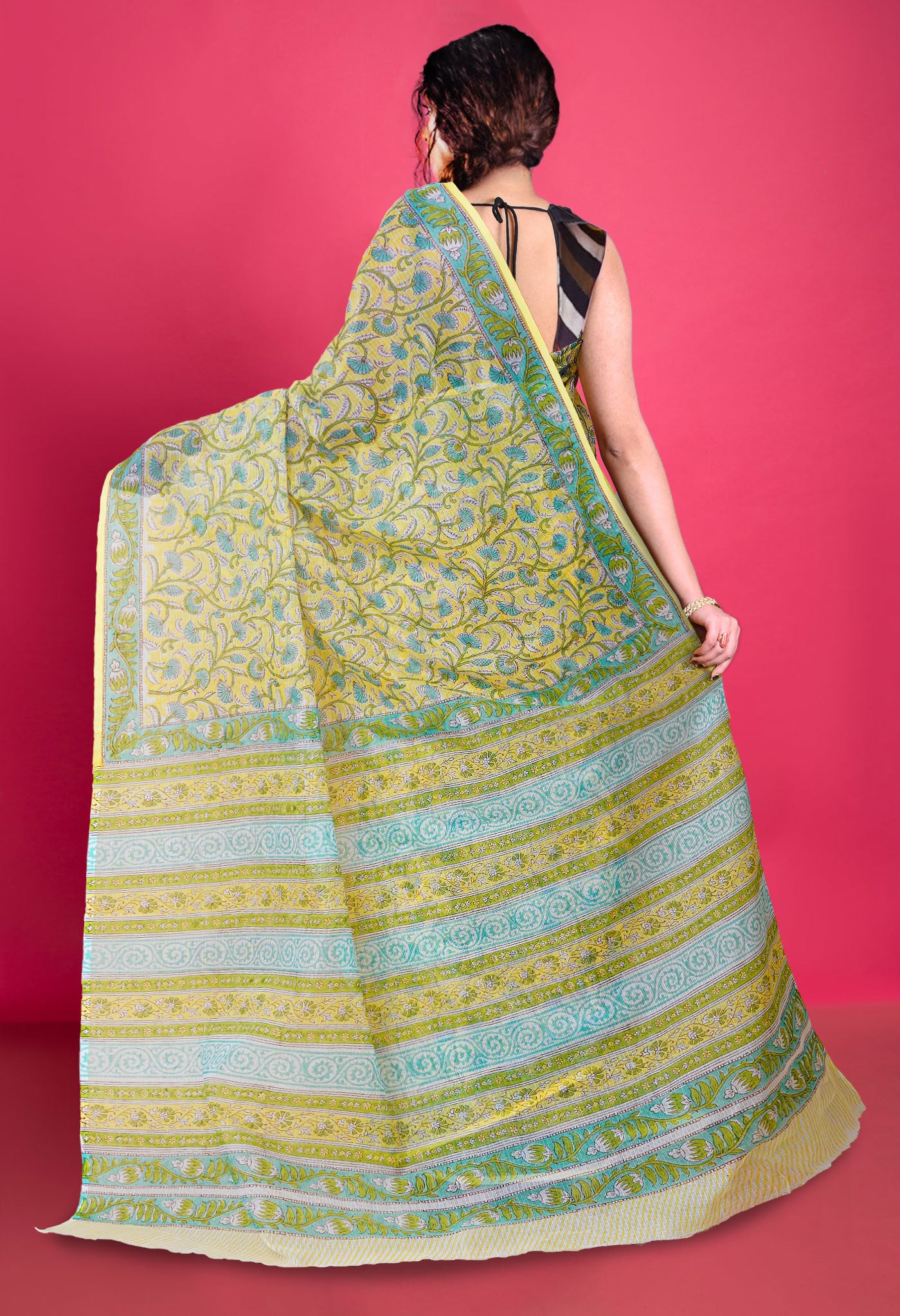 Yellow Pure Block Printed Kota Saree-UNM79954