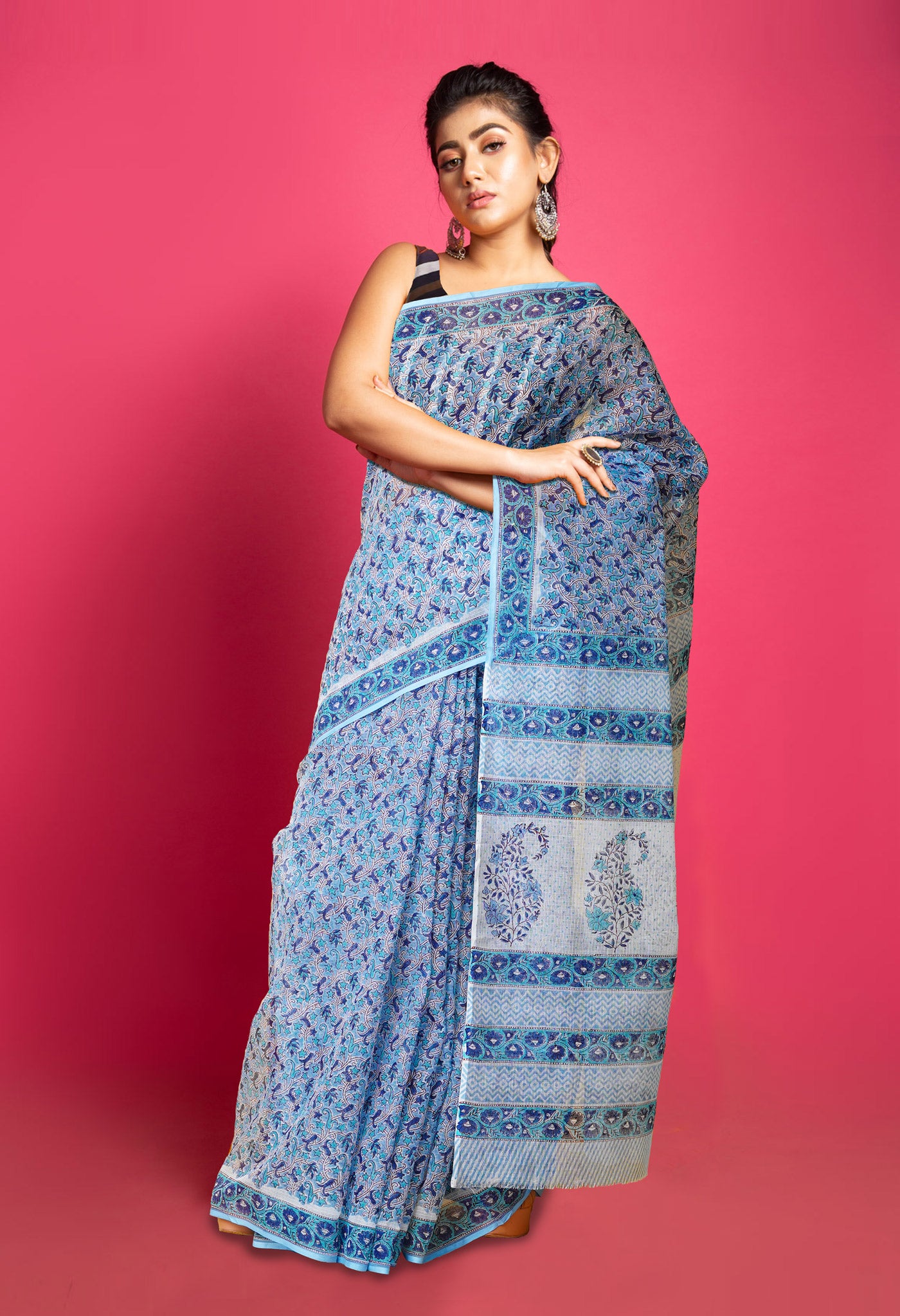 Blue Pure Block Printed Kota Saree-UNM79956