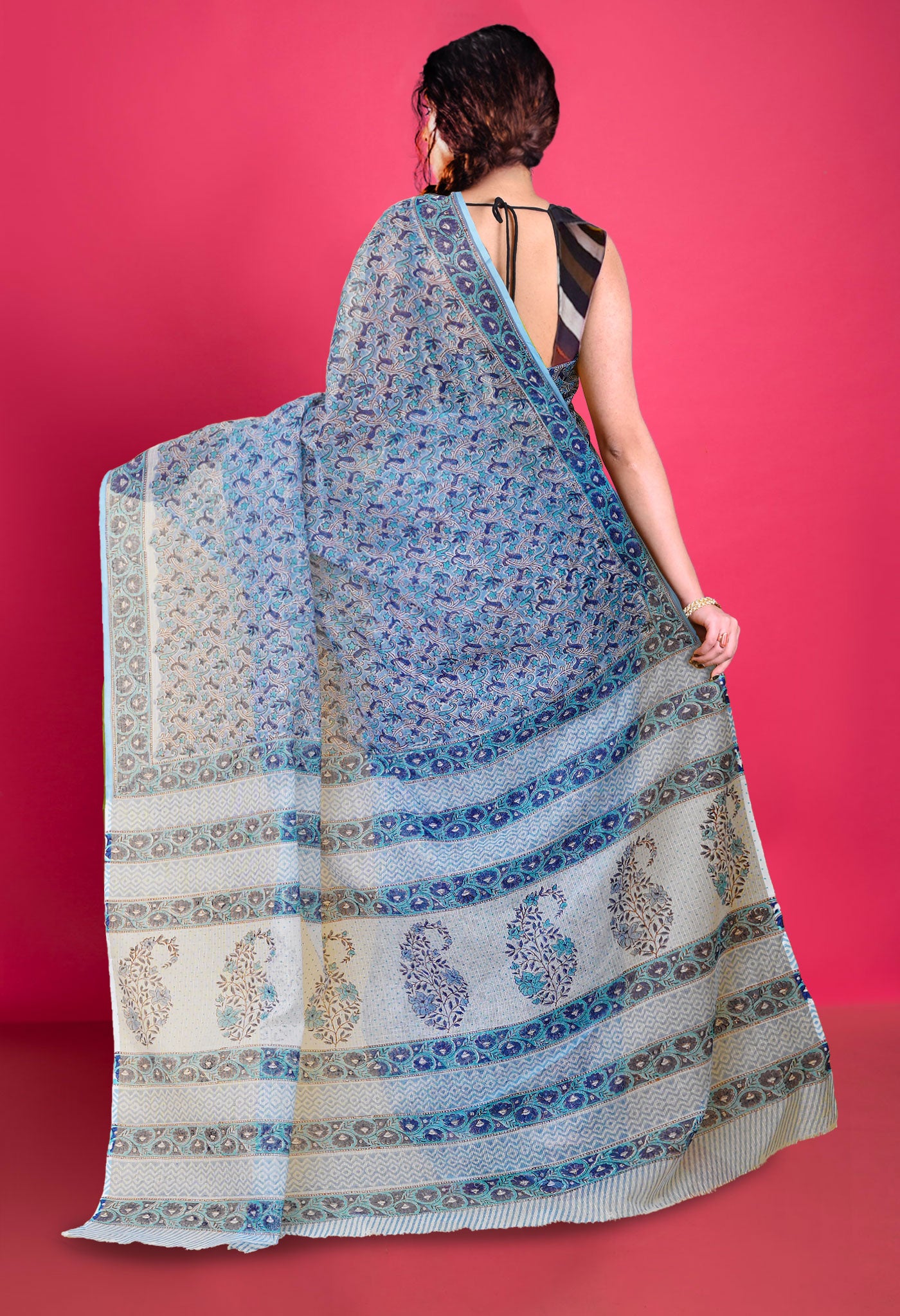 Blue Pure Block Printed Kota Saree-UNM79956