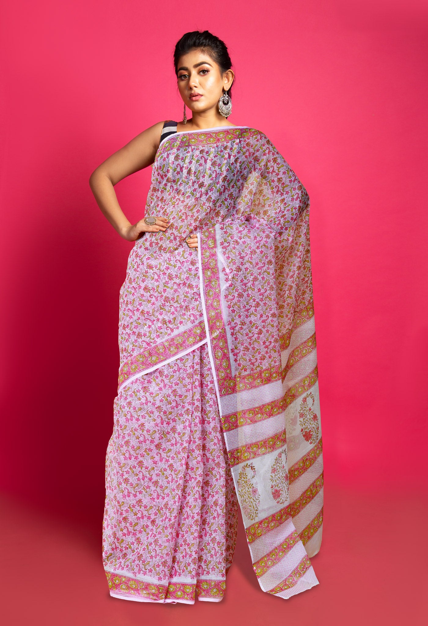 Pink Pure Block Printed Kota Saree-UNM79957