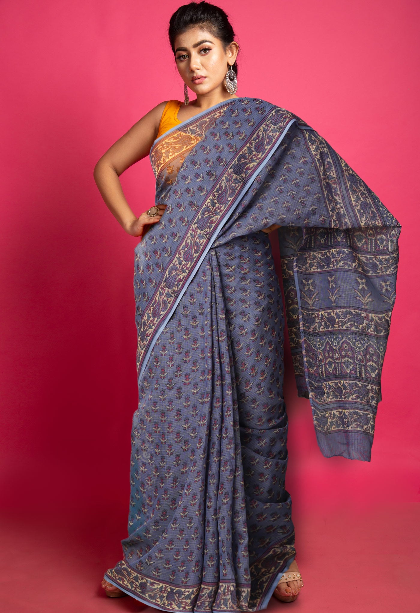 Grey Pure Hand Block Printed Kota Saree-UNM80314