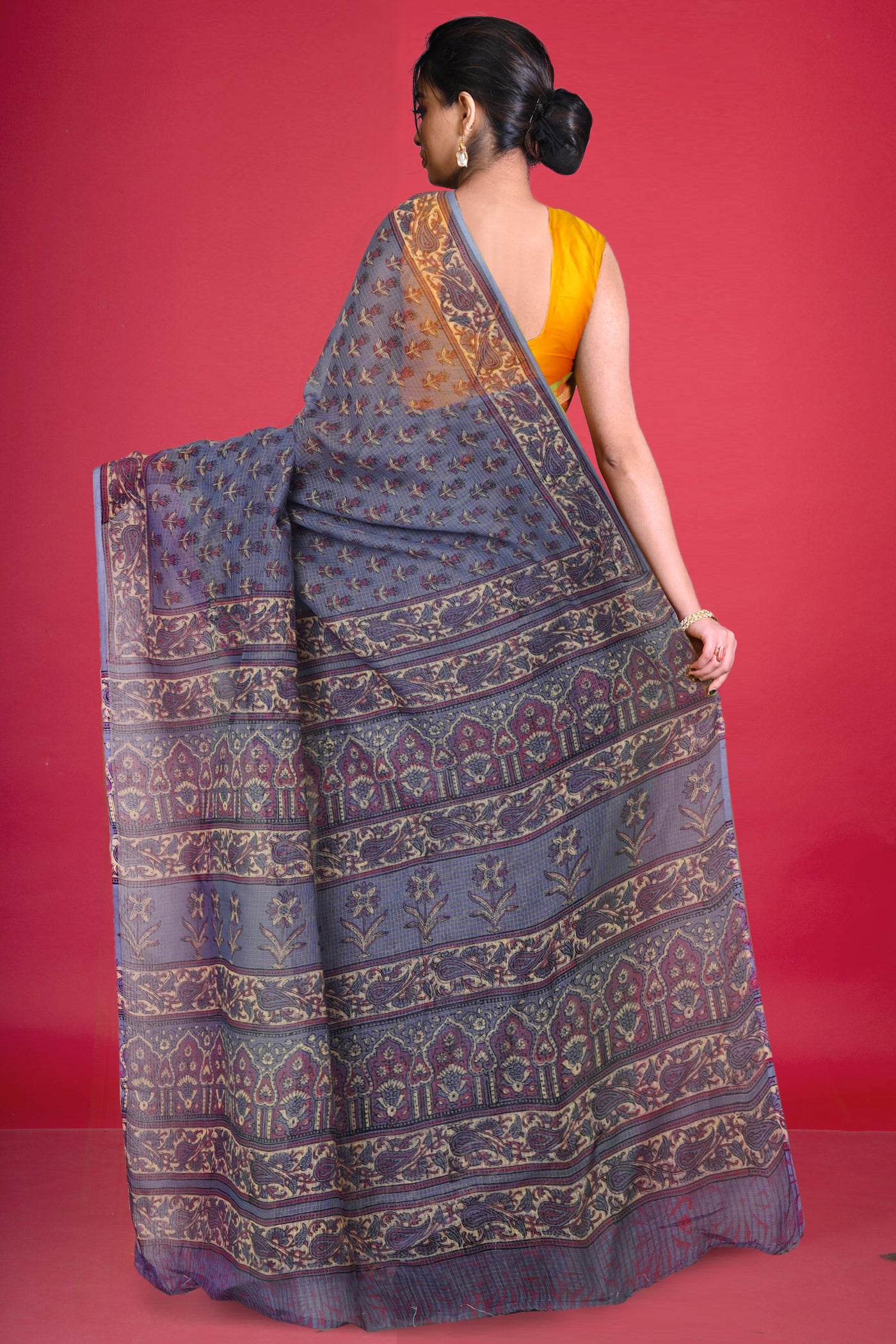 Grey Pure Hand Block Printed Kota Saree-UNM80314