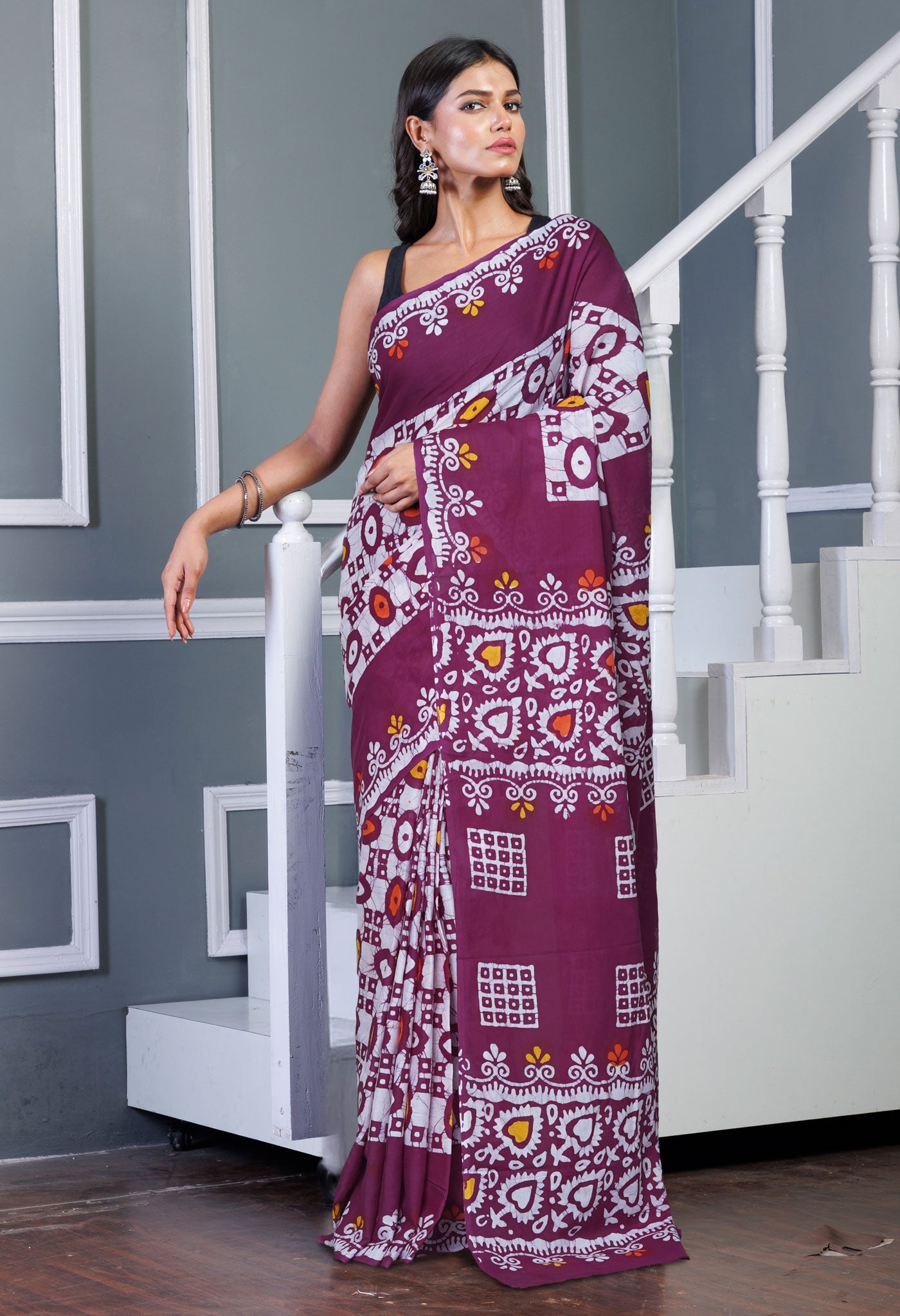 Maroon Pure  Wax Batik Printed Soft Cotton Saree-UNM80549