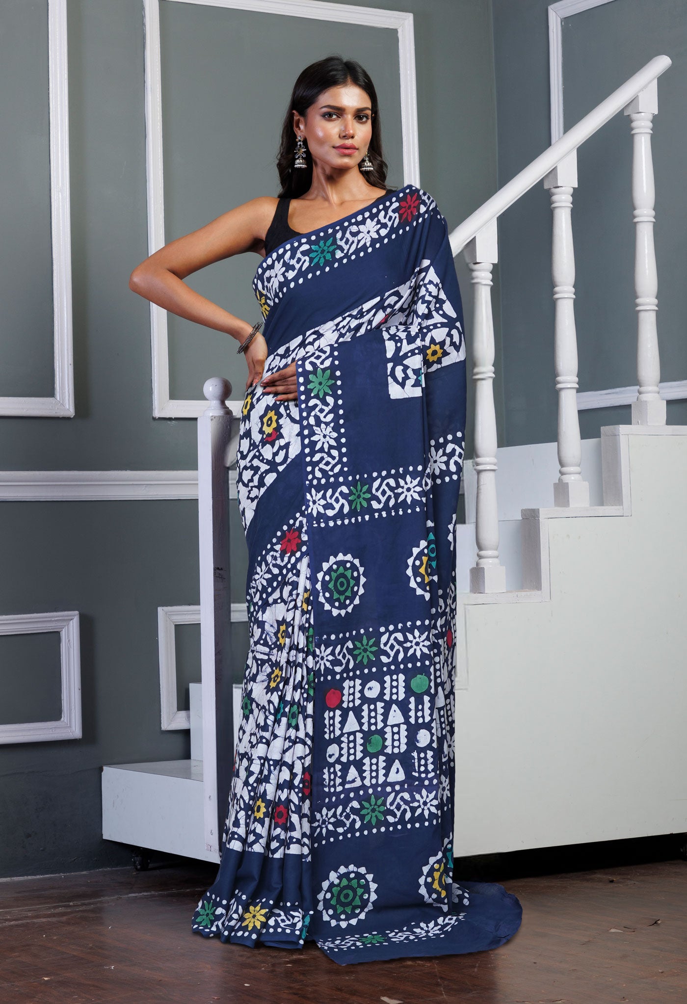 Navy Blue Pure  Wax Batik Printed Soft Cotton Saree-UNM80554