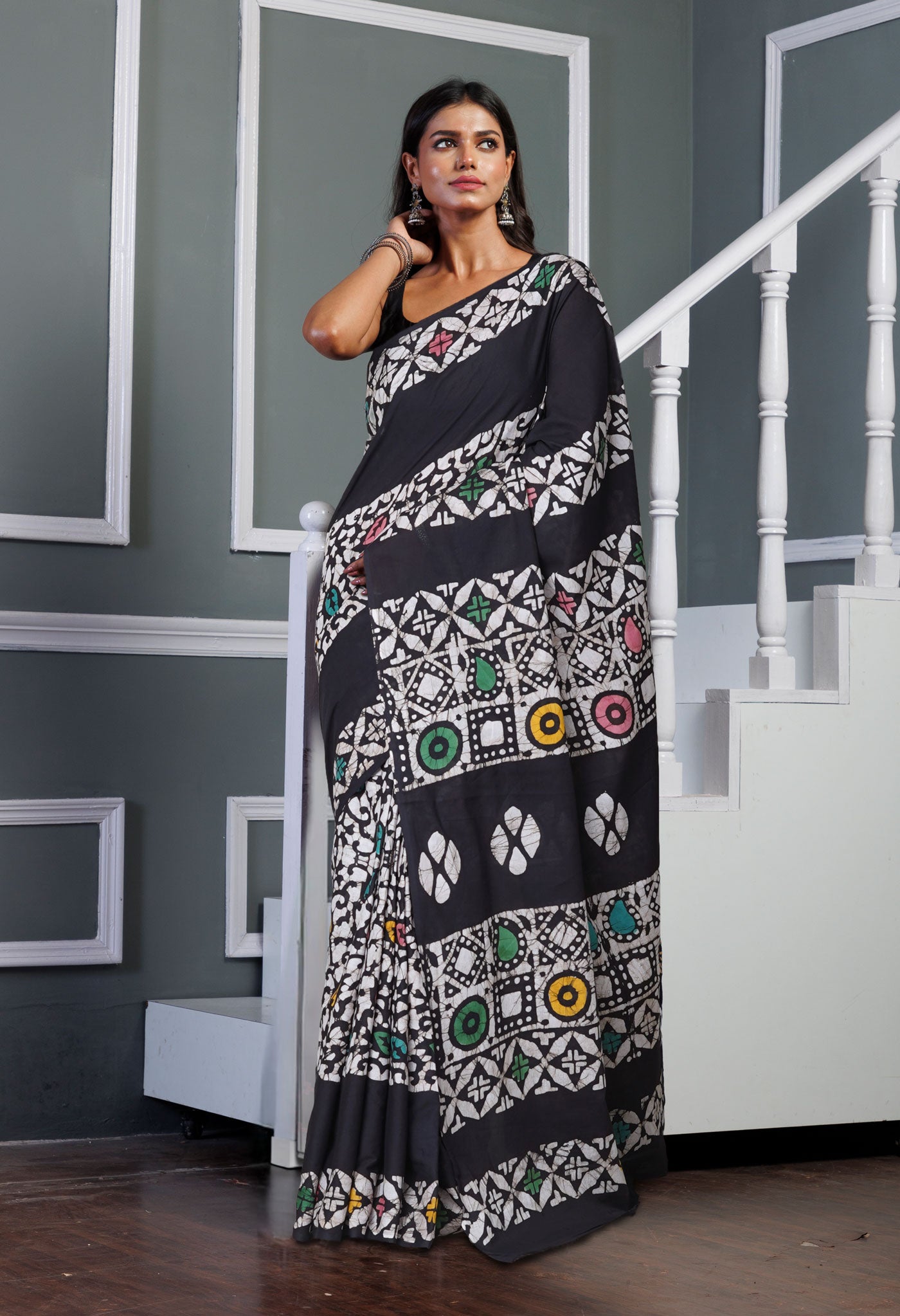 Black Pure  Wax Batik Printed Soft Cotton Saree-UNM80564