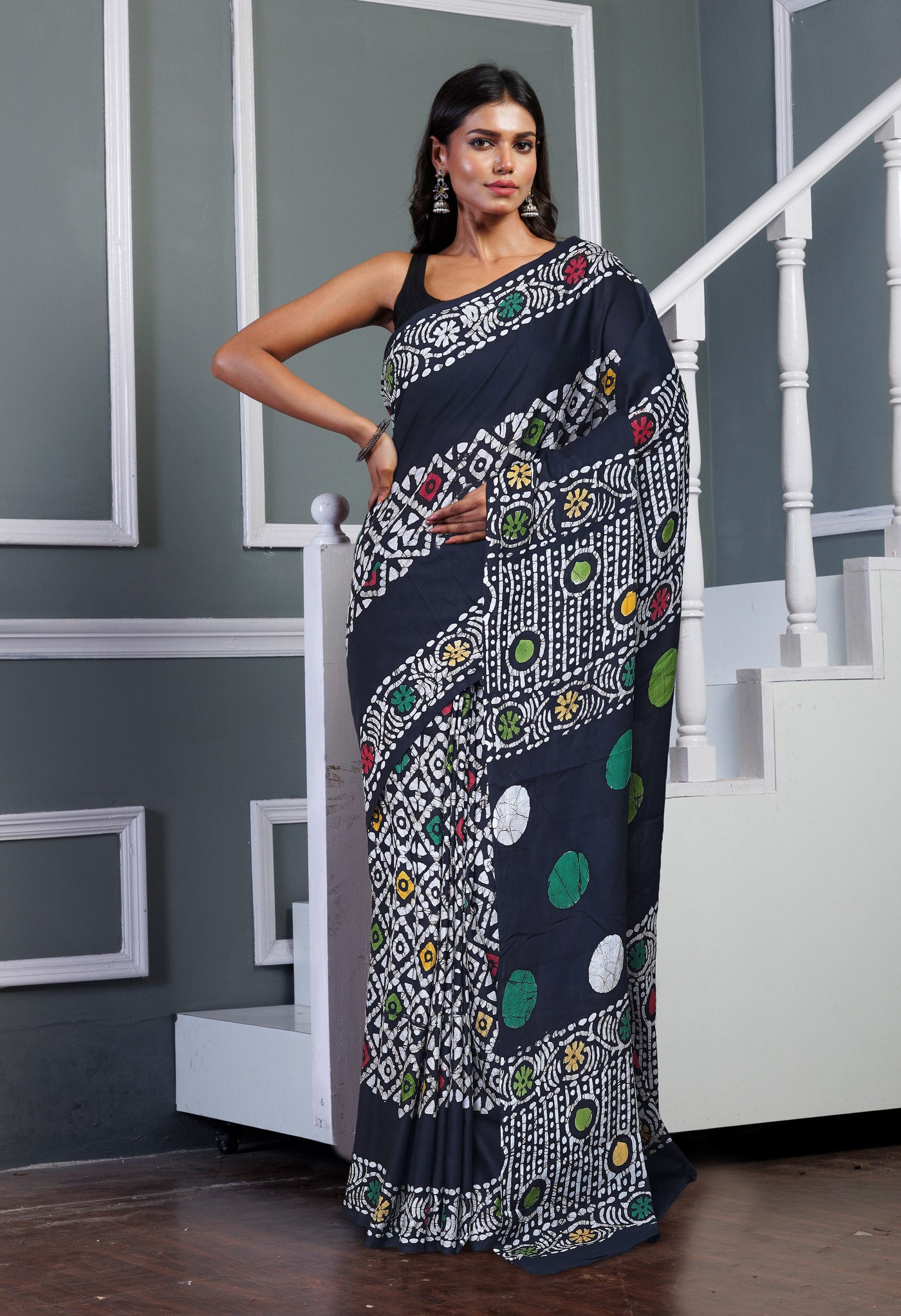 Black Pure  Wax Batik Printed Soft Cotton Saree-UNM80573