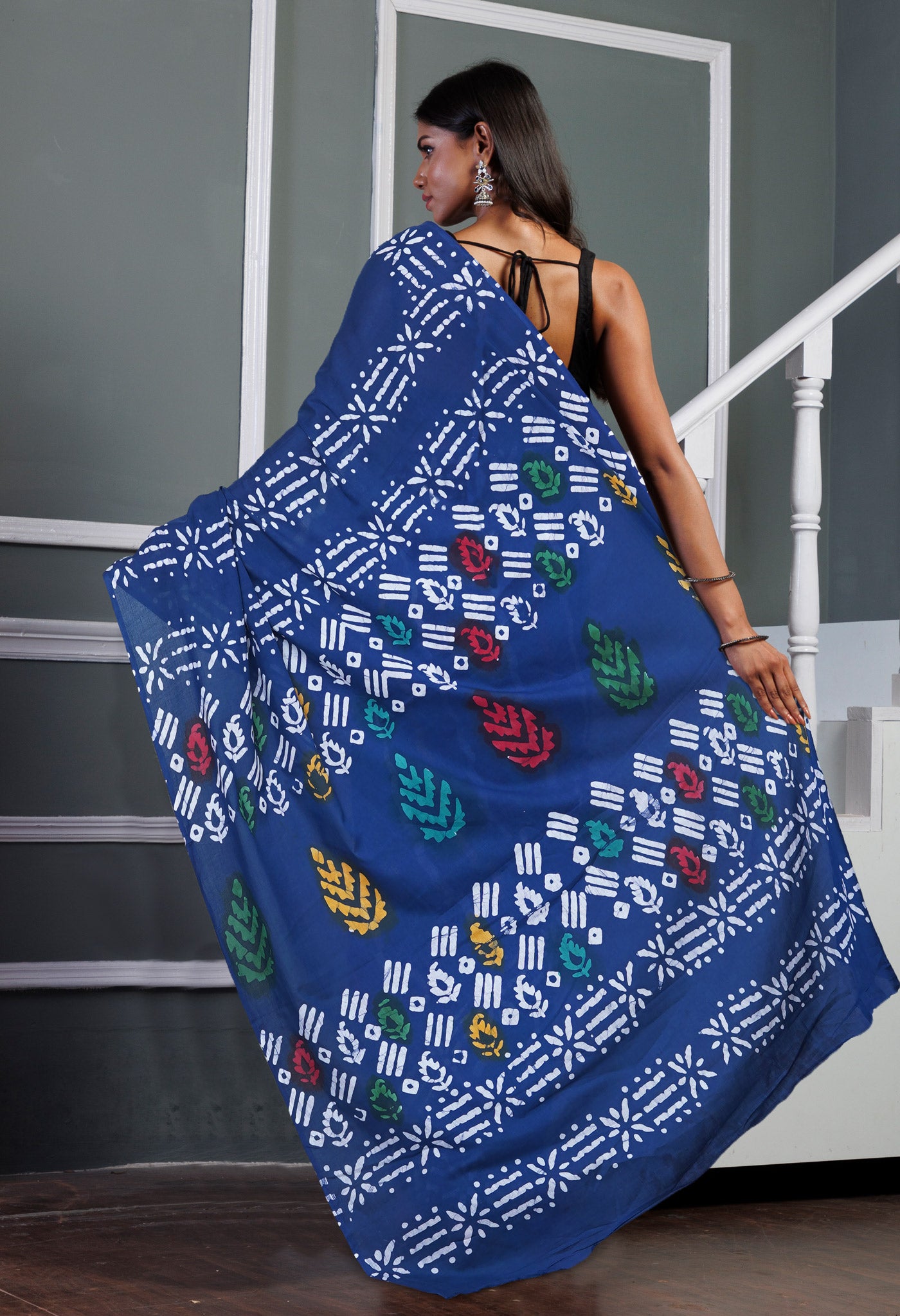 Navy Blue Pure  Wax Batik Printed Soft Cotton Saree-UNM80574