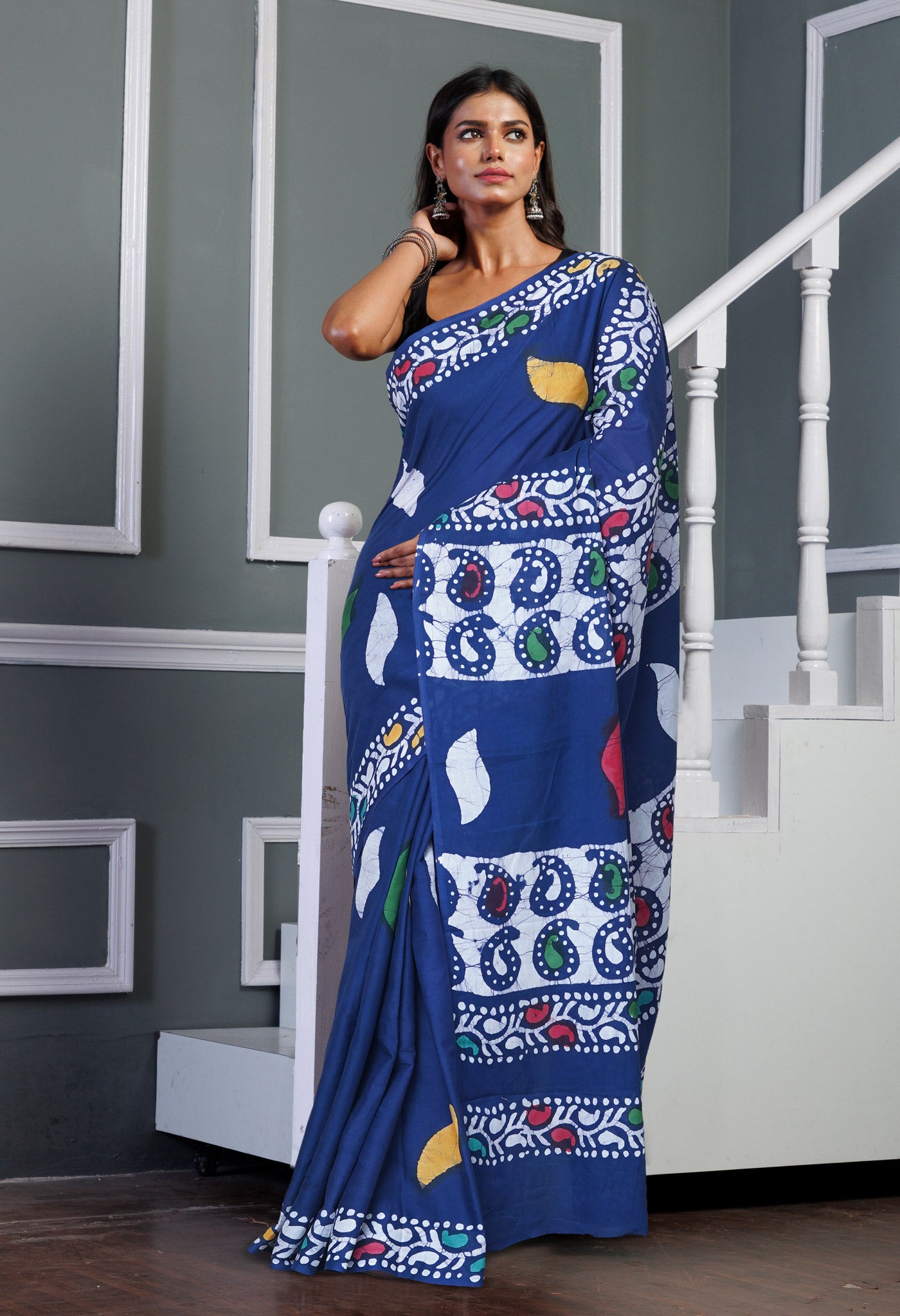 Navy Blue Pure  Wax Batik Printed Soft Cotton Saree-UNM80577