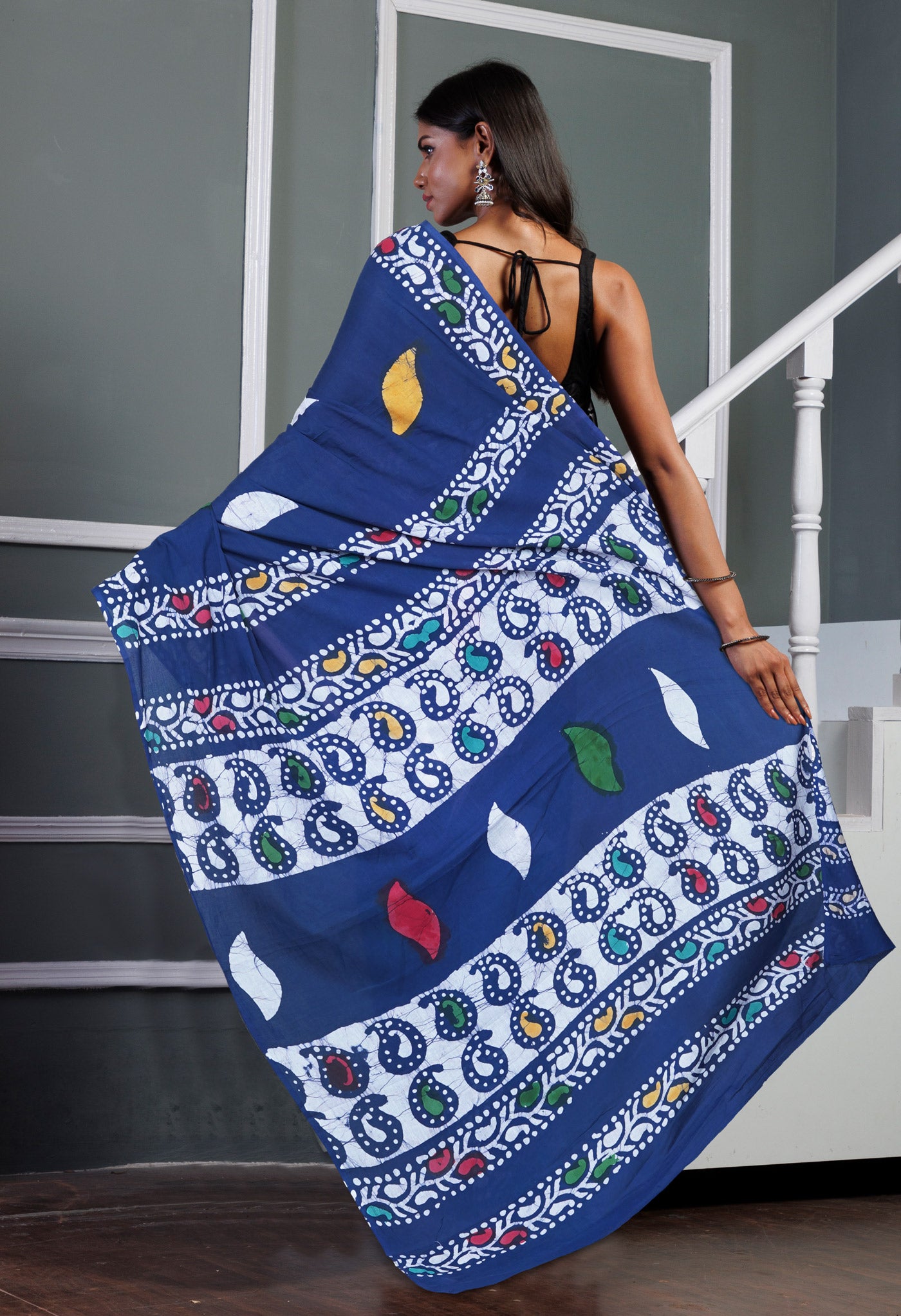 Navy Blue Pure  Wax Batik Printed Soft Cotton Saree-UNM80577