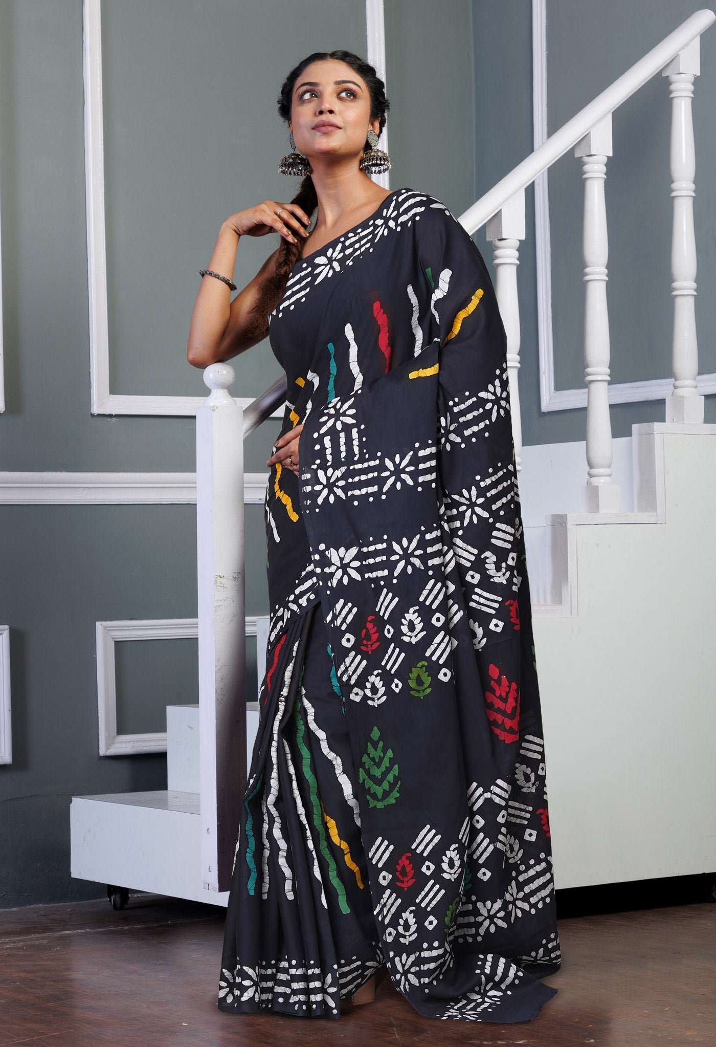 Black Pure  Wax Batik Printed Soft Cotton Saree-UNM80580