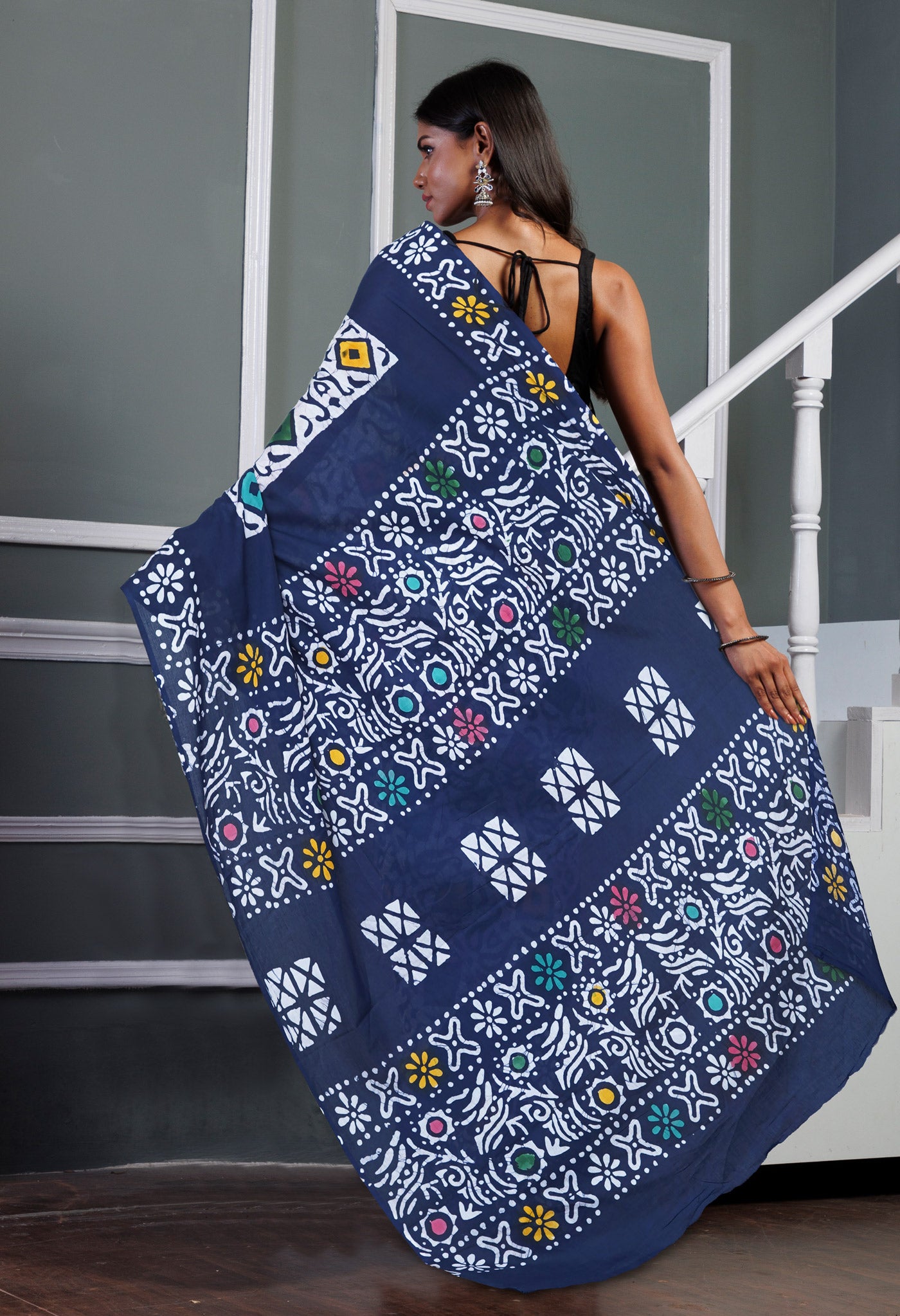 Navy Blue Pure  Wax Batik Printed Soft Cotton Saree-UNM80583