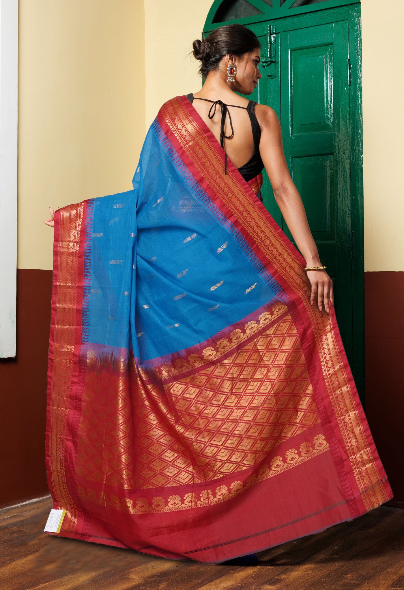 Blue-Red Pure Handloom Gadwal Cotton Saree-UNM80588