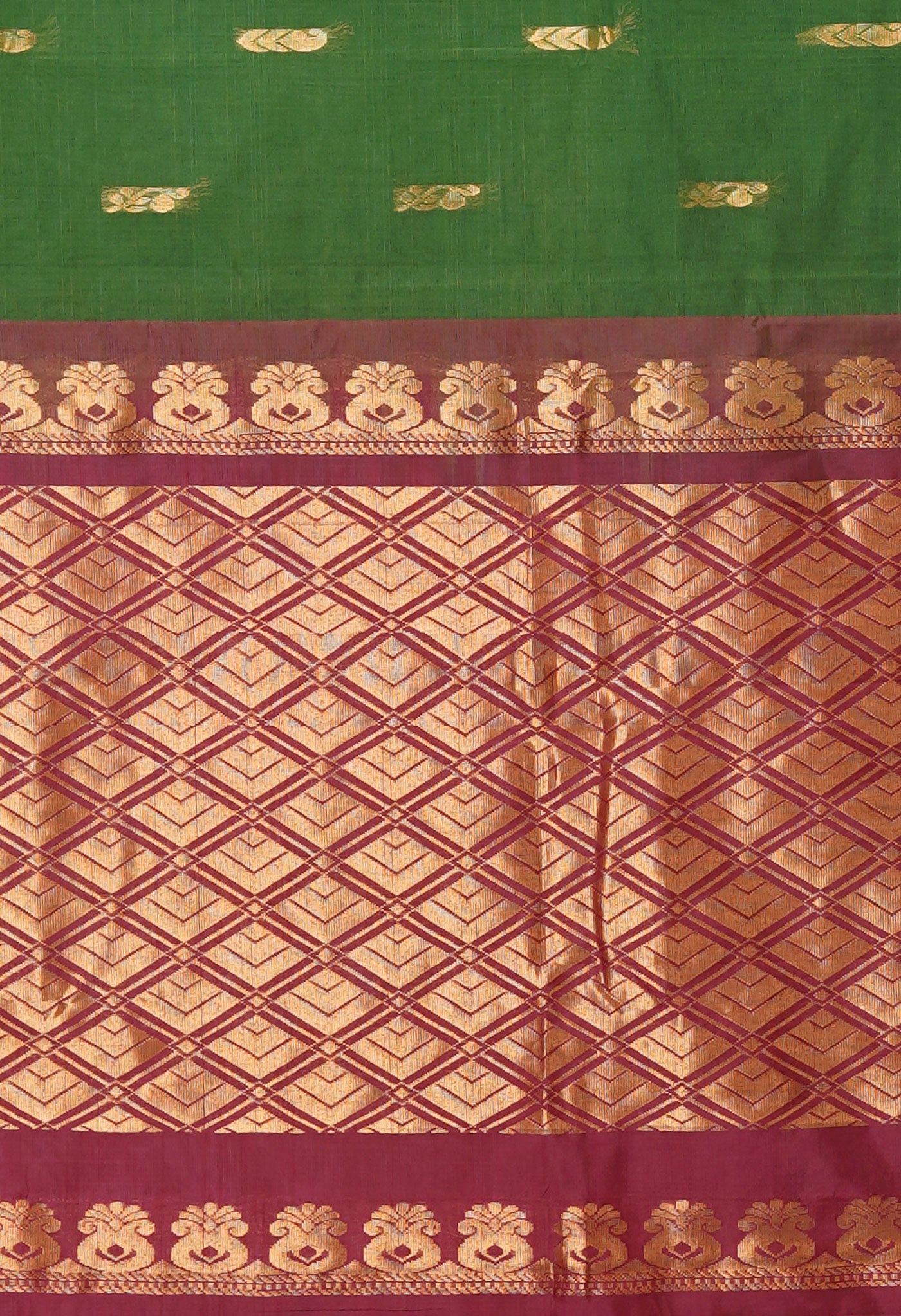 Olive Green-Red Pure Handloom Gadwal Cotton Saree-UNM80589