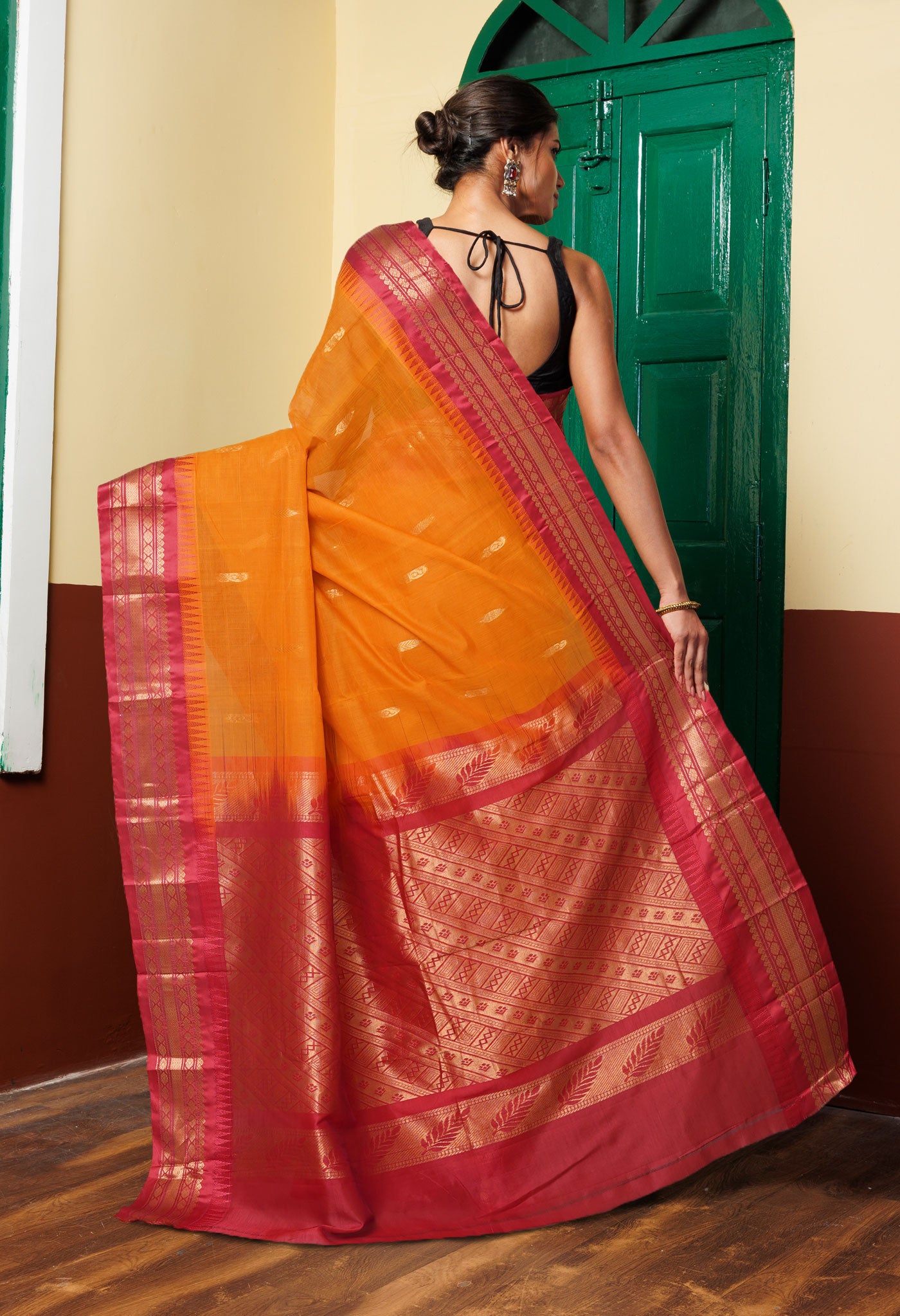 Turmeric Yellow-Red Pure Handloom Gadwal Cotton Saree-UNM80590