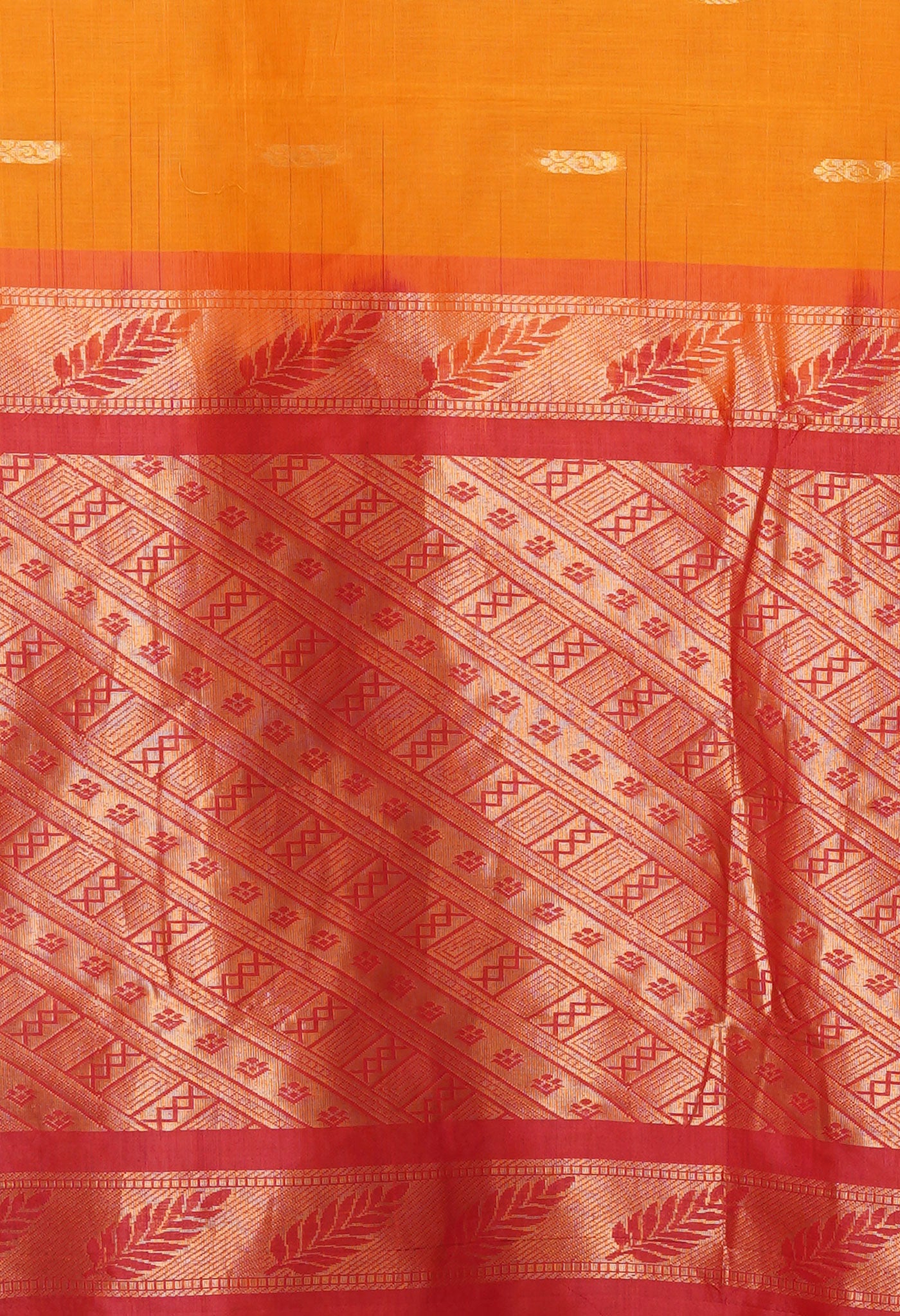 Turmeric Yellow-Red Pure Handloom Gadwal Cotton Saree-UNM80590