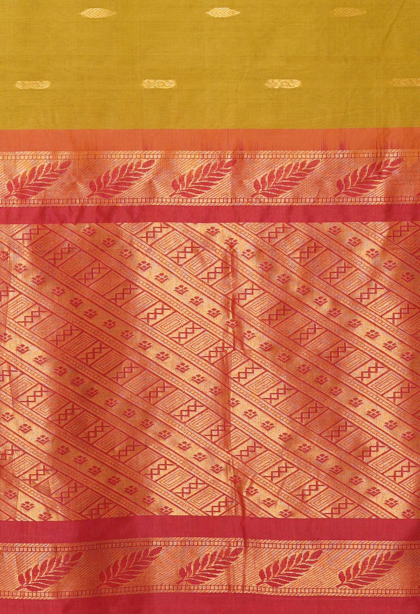 Mehindi Green-Red Pure Handloom Gadwal Cotton Saree-UNM80592