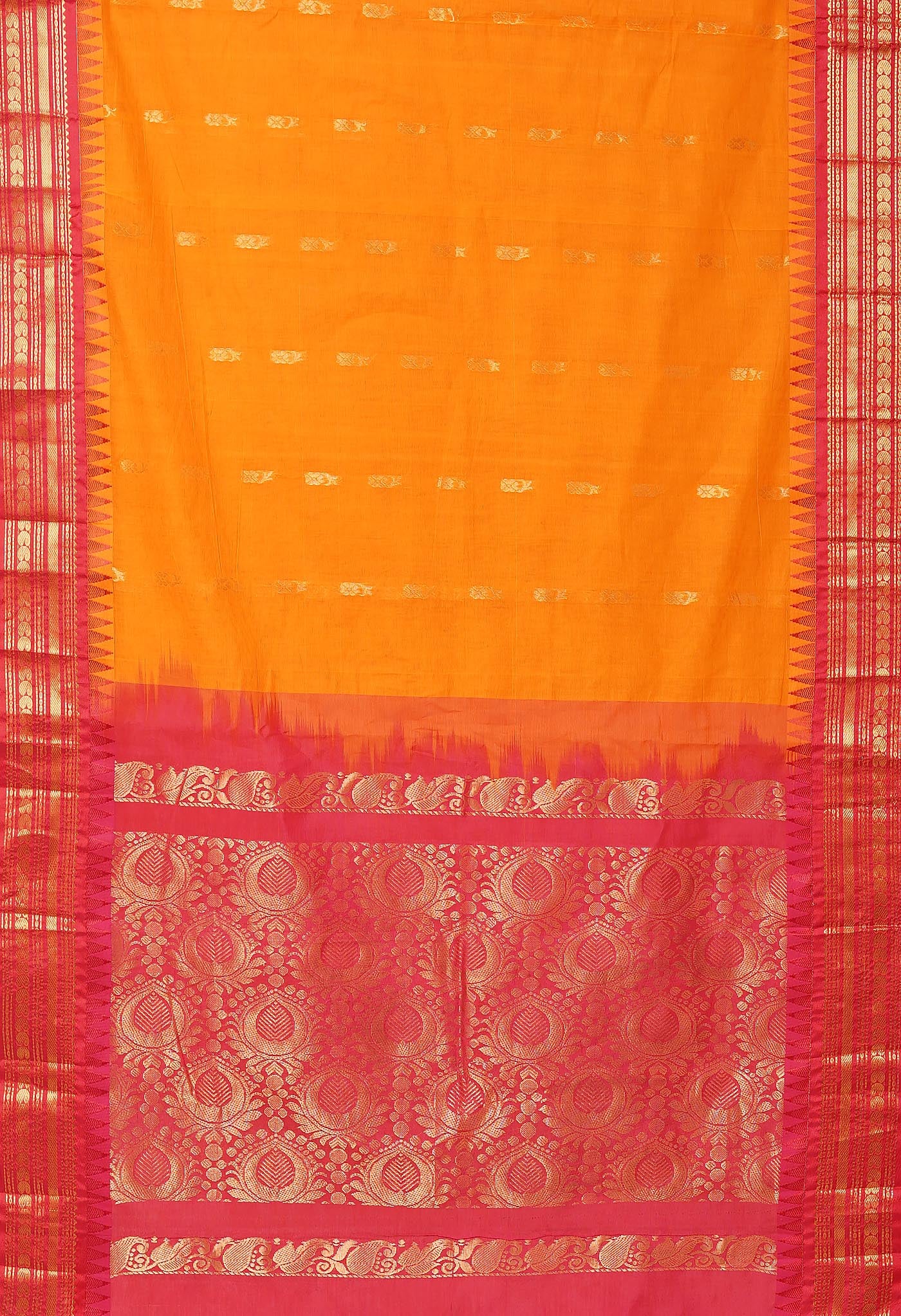 Turmeric Yellow-Red Pure Handloom Gadwal Cotton Saree-UNM80605