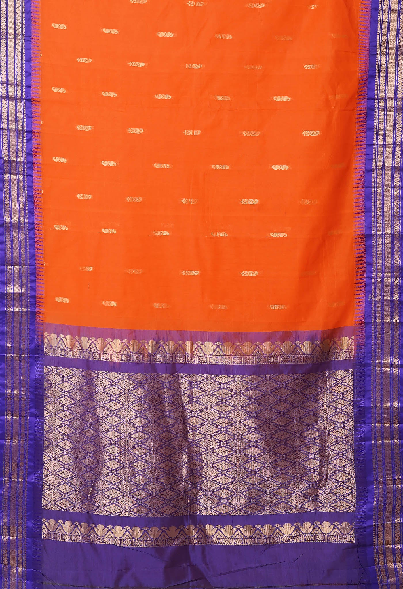 Orange-Dark Blue Pure Handloom Gadwal Cotton Saree-UNM80607