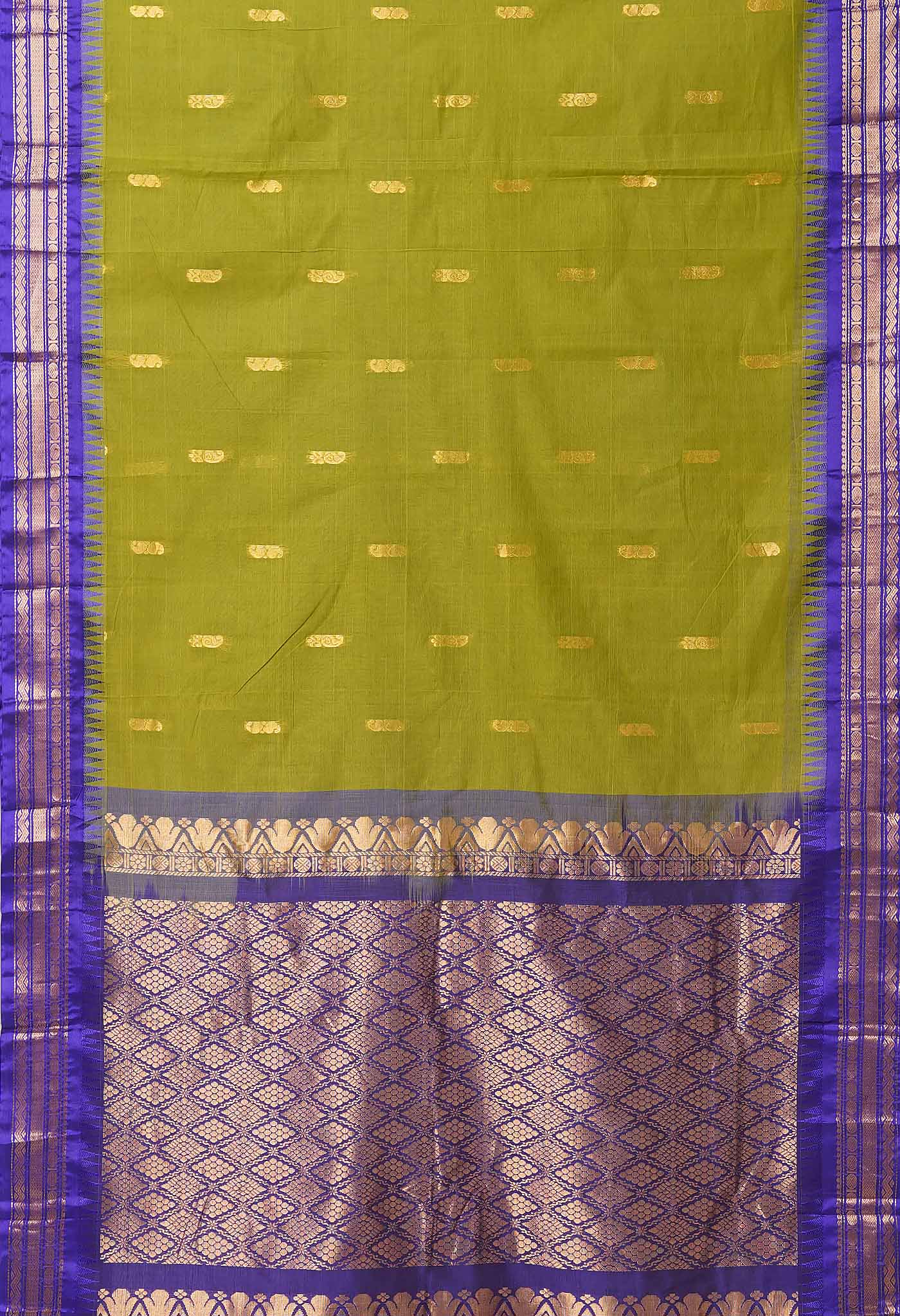 Olive Green-Dark Blue Pure Handloom Gadwal Cotton Saree-UNM80608