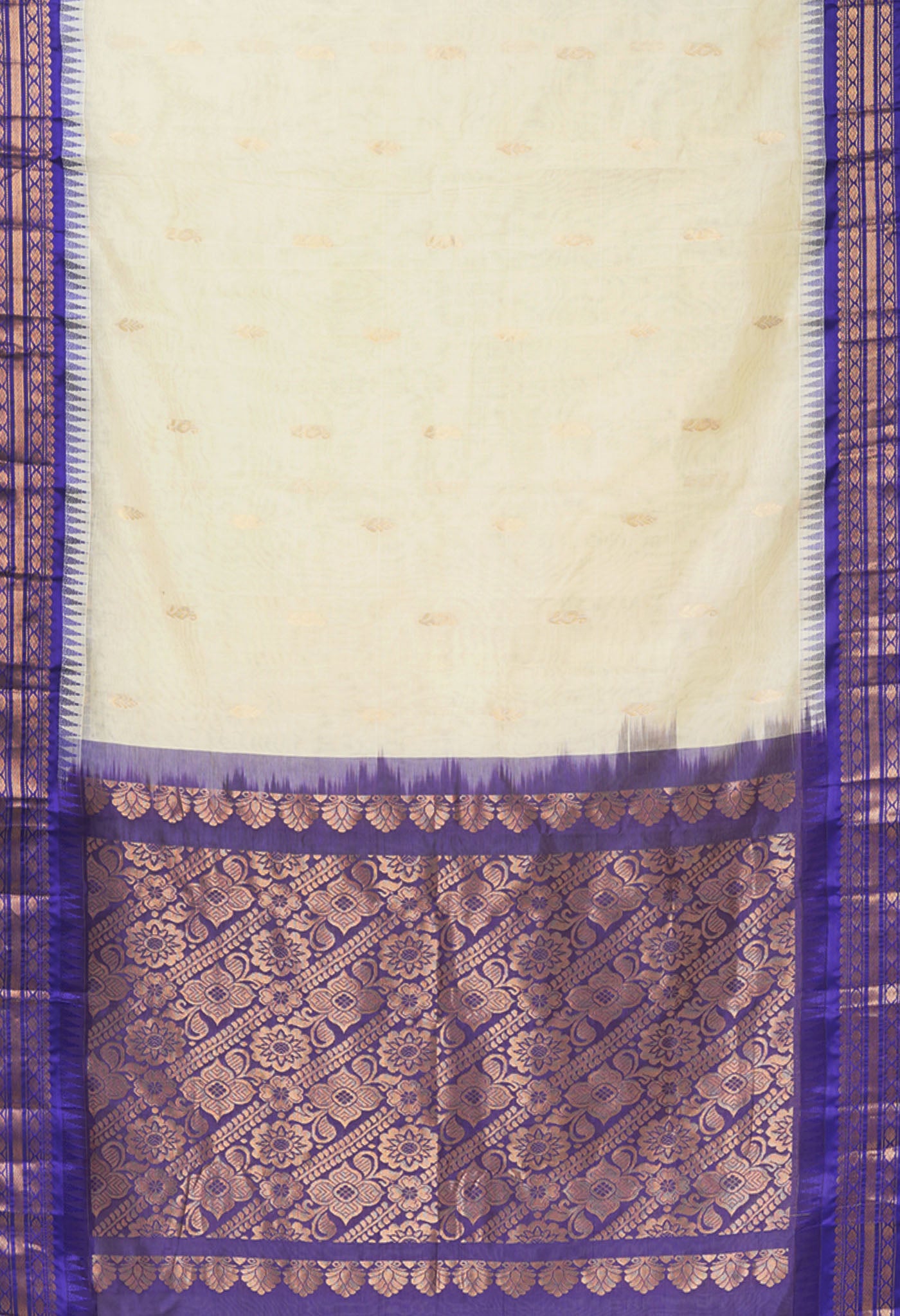 Ivory-Dark Blue Pure Handloom Gadwal Cotton Saree-UNM80610