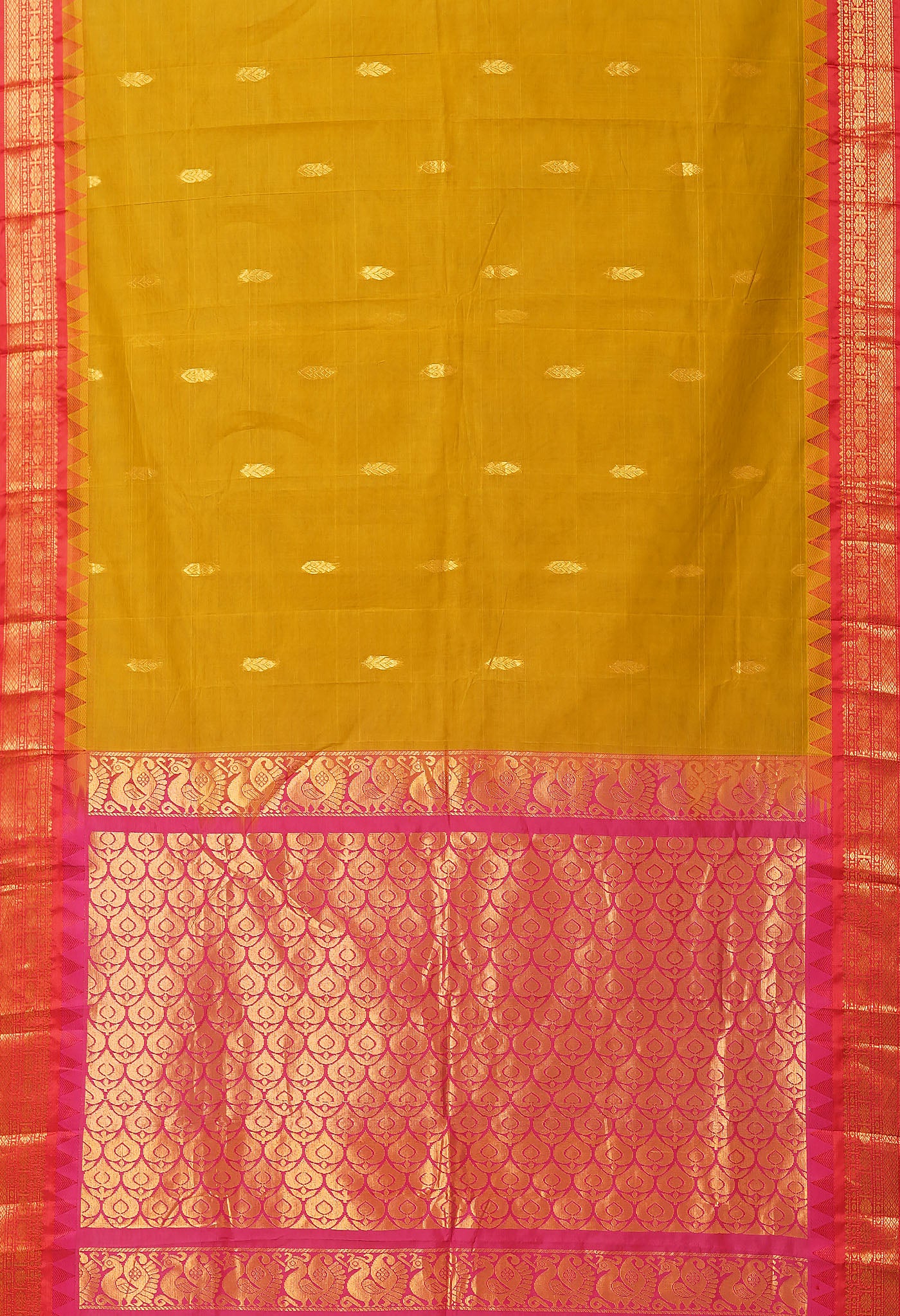 Rust Yellow-Red Pure Handloom Gadwal Cotton Saree-UNM80611