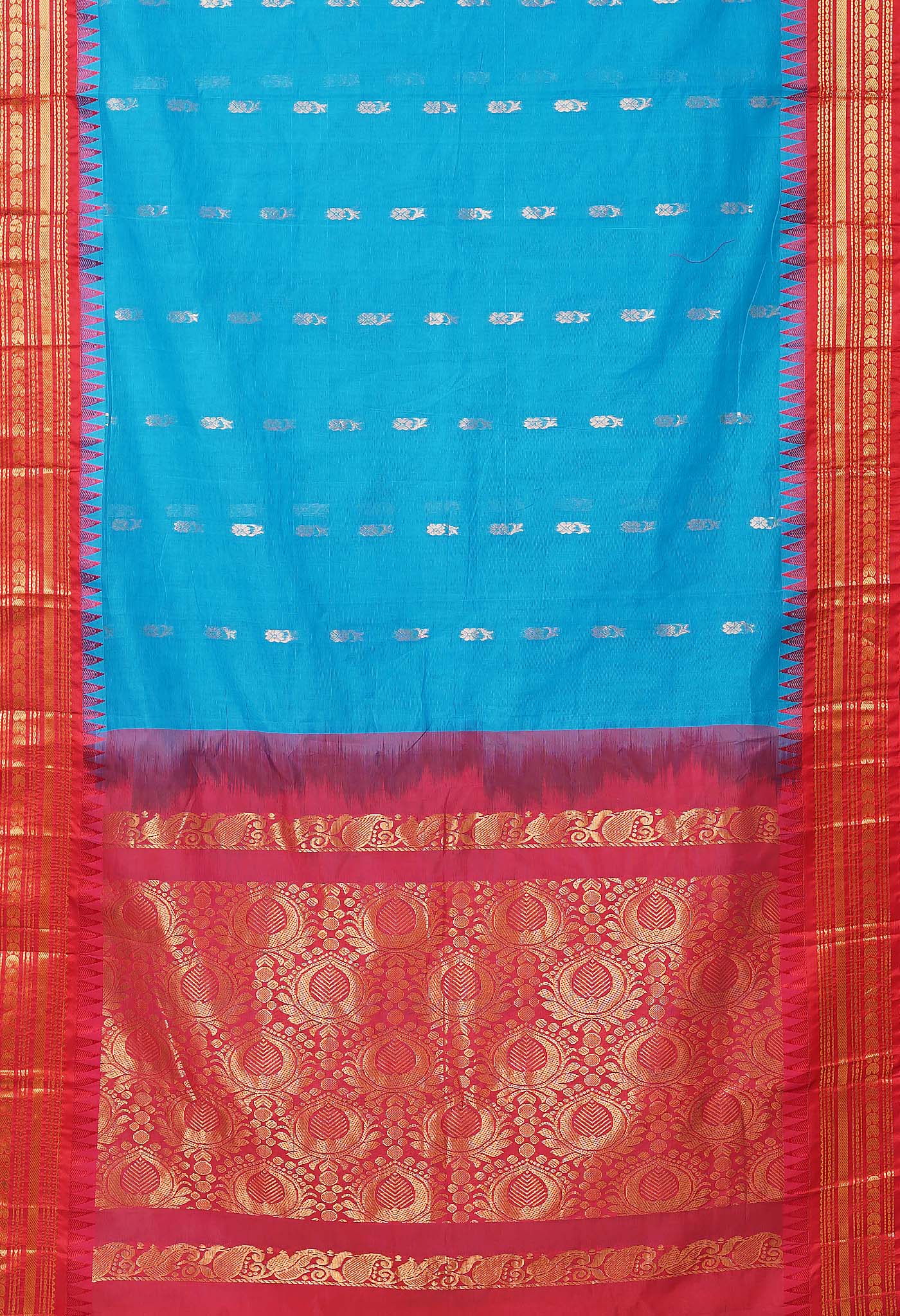 Blue-Red Pure Handloom Gadwal Cotton Saree-UNM80612