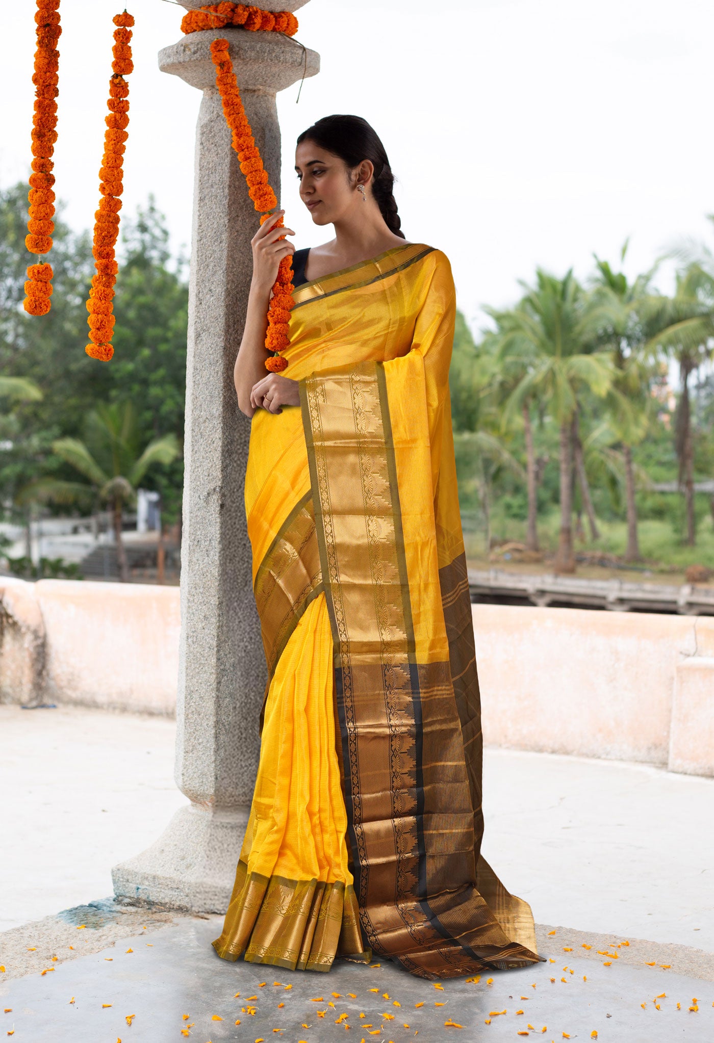 Yellow-Black PureHandloom Gadwal Soft Silk Saree-UNM80743