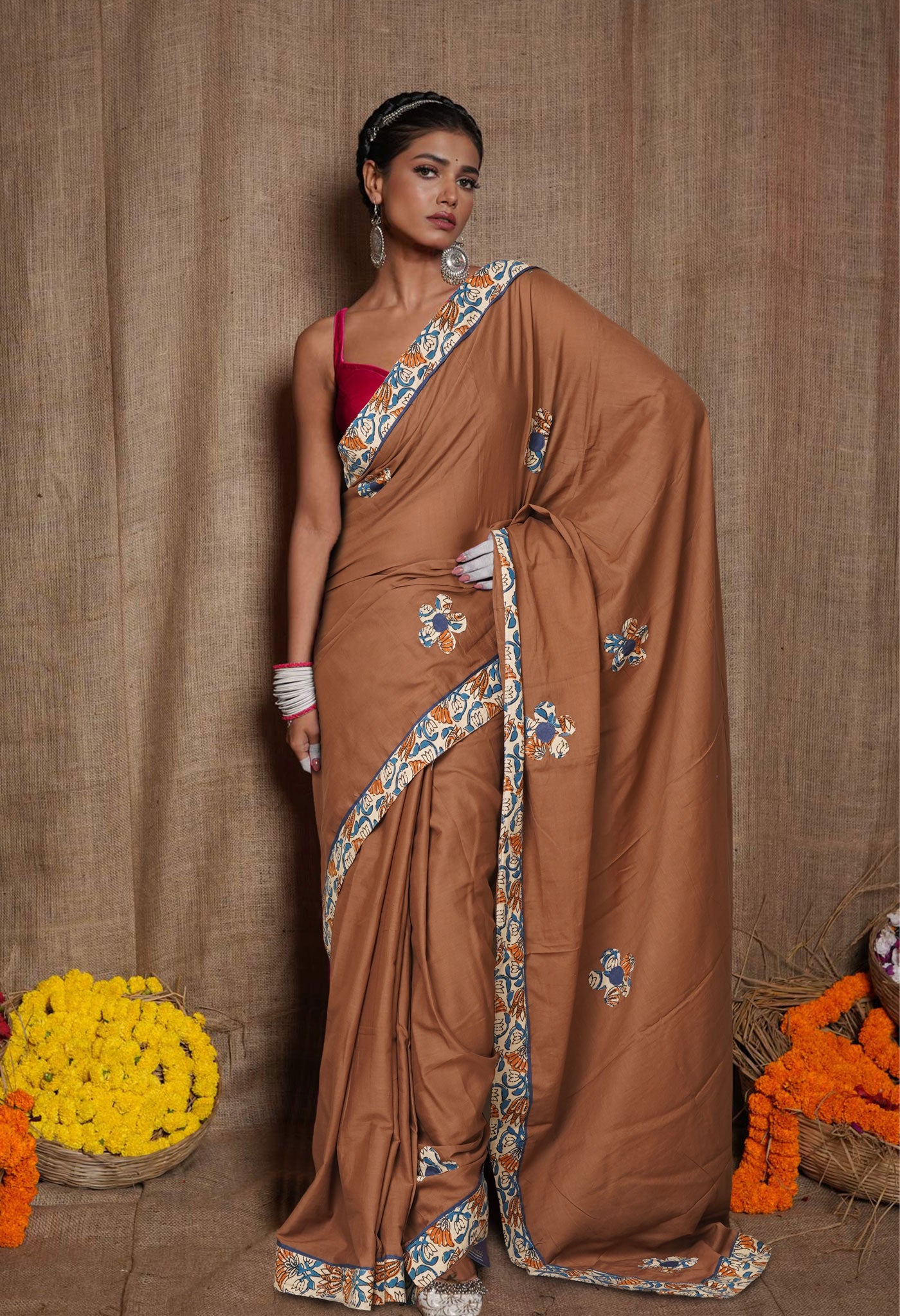 Brown Pure Applique Work Mulmul Cotton Saree-UNM80750